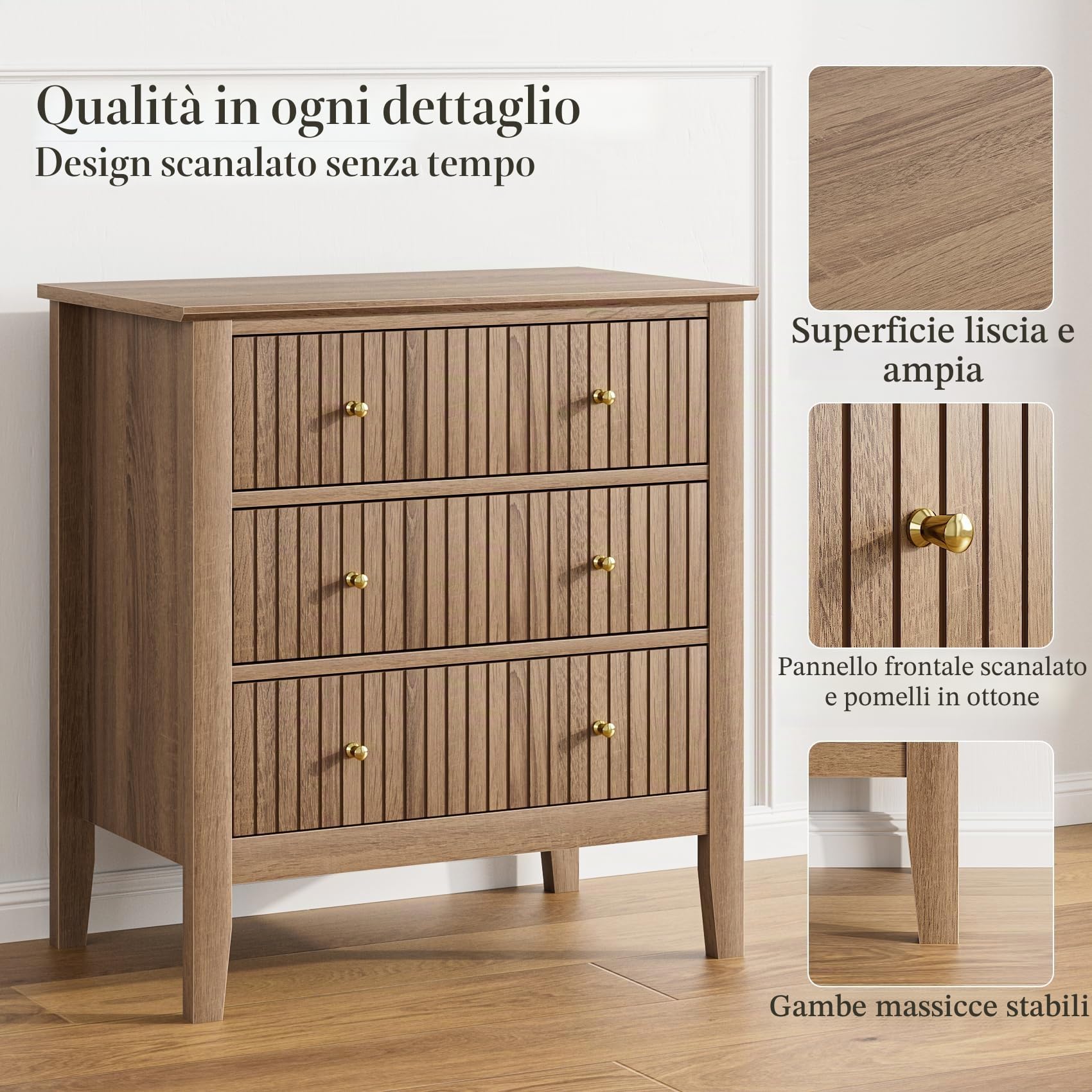 Comodino grande con 3 cassetti, comodino in legno, con maniglie in metallo, comò per camera da letto, soggiorno e corridoio