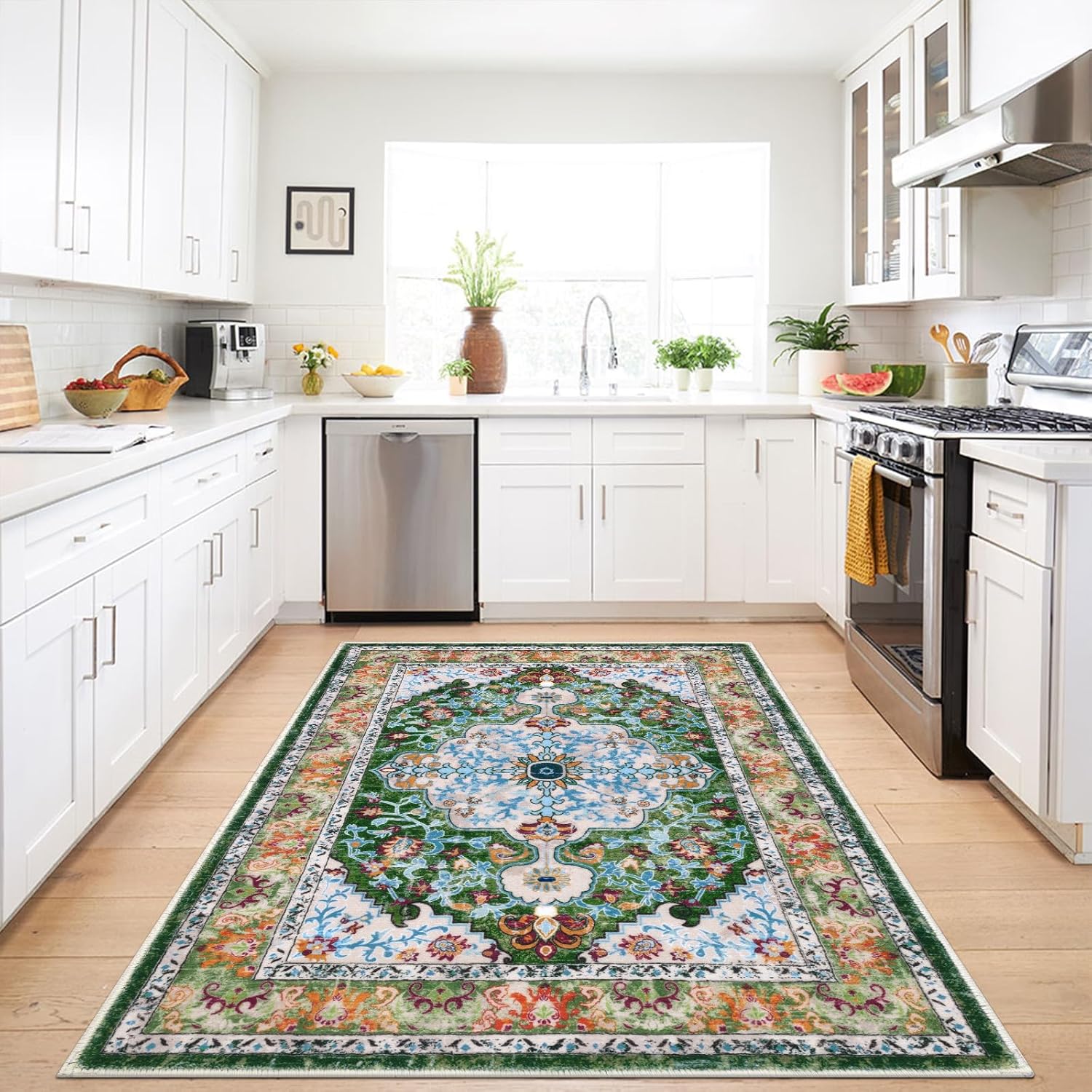 Green U'Artlines Boho Vintage Area Rug Machine Washable Low Pile Soft Floor Carpet Non Slip Non Shedding Accent Rug for Living Room Bedroom Entryway Dining Room Office Green