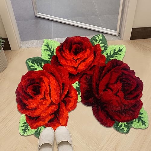 Miniatura 7 de Alfombras de baño de rosas rojas, alfombras de inodoro en forma de U, lavables, gruesas, suaves, antideslizantes, alfombras de área de flores