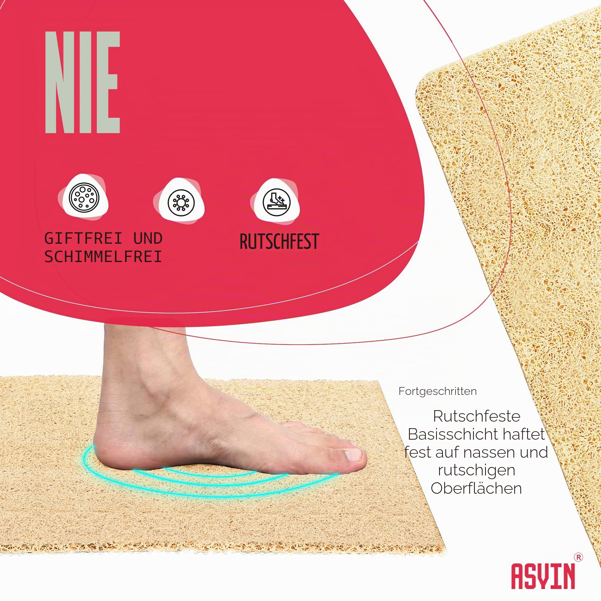 Asvin Weiche, strukturierte, rutschfeste Bade- und Duschmatte für Dusche und Nassbereiche, 40x60 cm, Beige, schnell trocknend, antibakteriell und schimmelresistent
