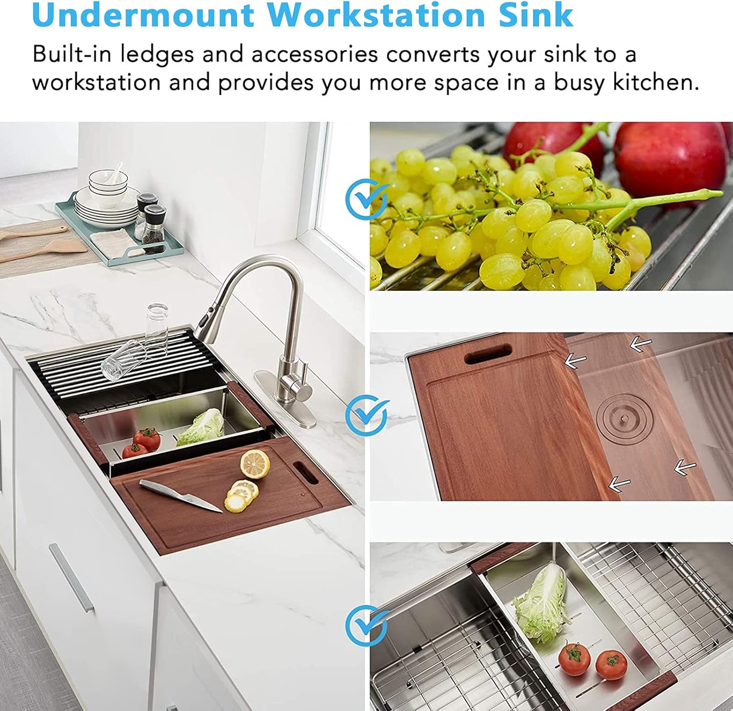 ALWEN 32X19 inch Ledge Workstation Undermount kitchen Sink T304 Scracth Resistant Stainless Steel Single Bowl Kitchen Sink