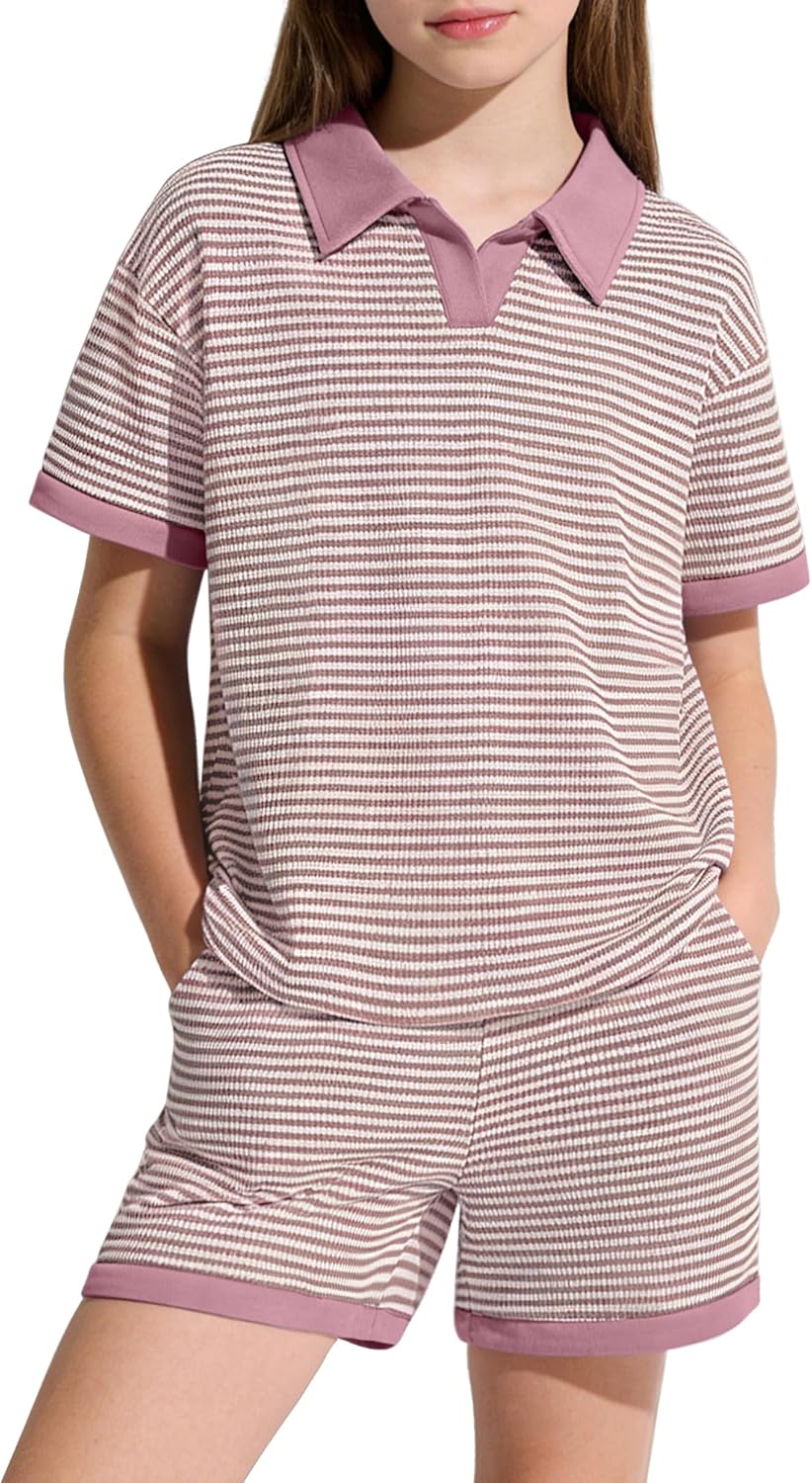 DISAUR Girls 2 Piece Summer Outfits Sets Oversized Short Sleeve V Neck Striped Knit Tops Casual Wear Set 5-14 Years