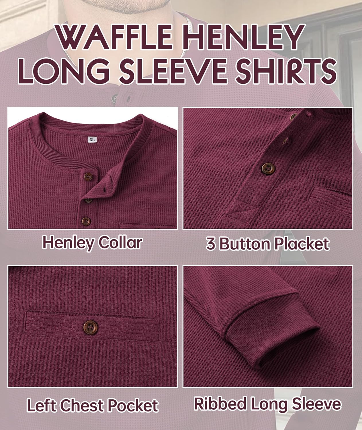 PRIVIMIX Mens Waffle Henley Long Sleeve Cotton Casual T-Shirt Fashion Three Button Pullover with Pocket - Image 6