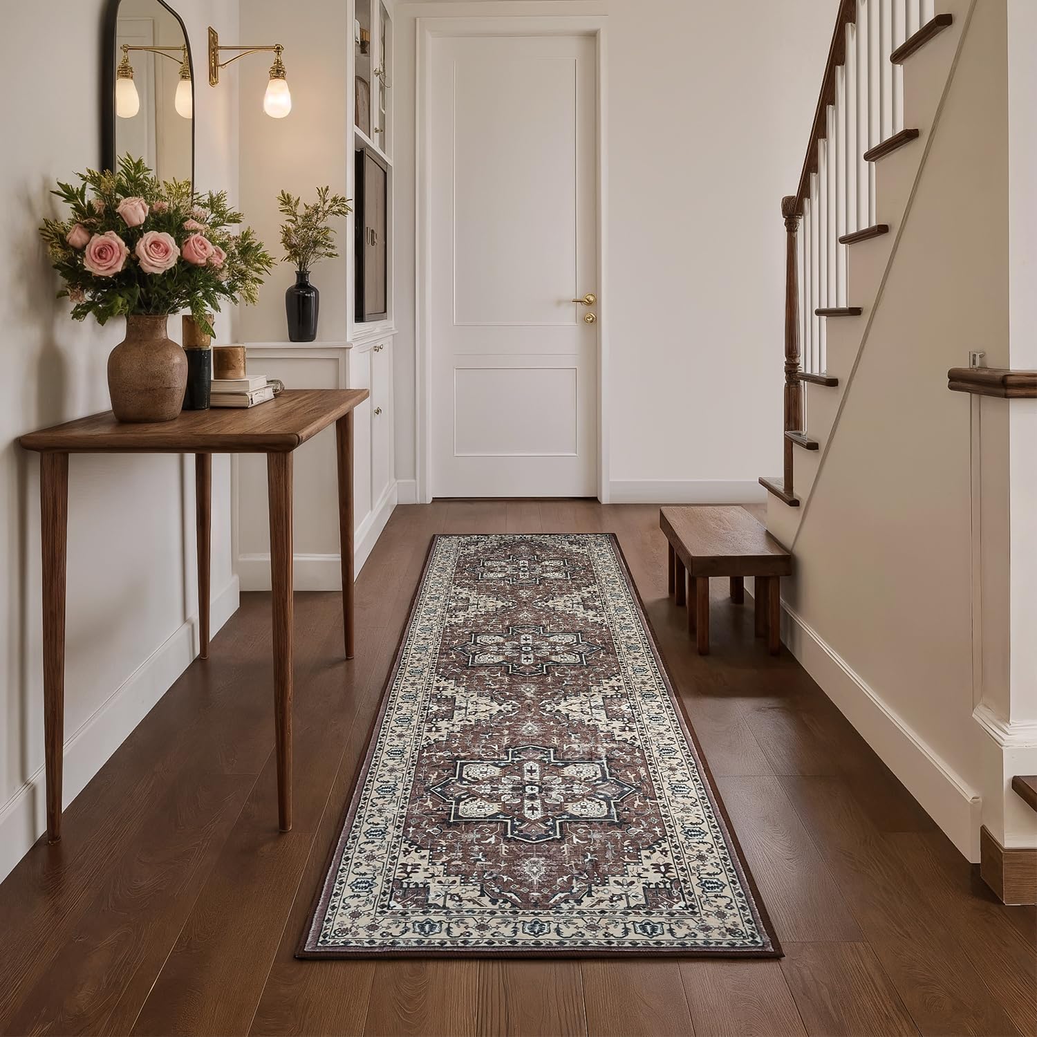 Rugflix 2x6 Runner Rug for Hallway, Washable Kitchen Runner Non Slip, Vintage Low Pile Entryway Carpet, Soft Stain Resistant Long Laundry Room Rug for Stairs, Bedroom, Brown Beige