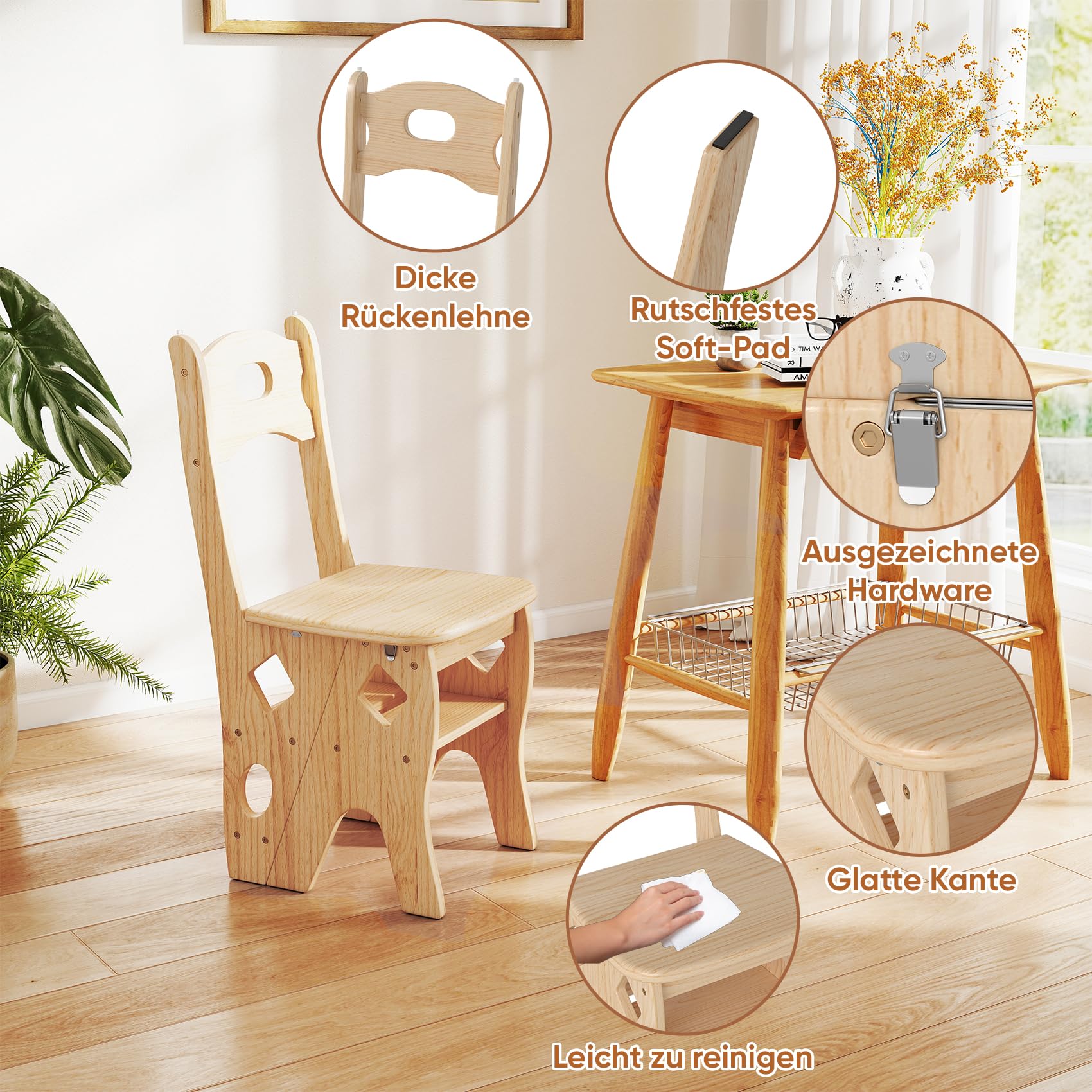 Taburete plegable para biblioteca (4 niveles, hasta 180 kg) | Silla plegable de madera maciza, para escalones, exposición, soporte para flores, madera, 46 x 34 x 87 cm