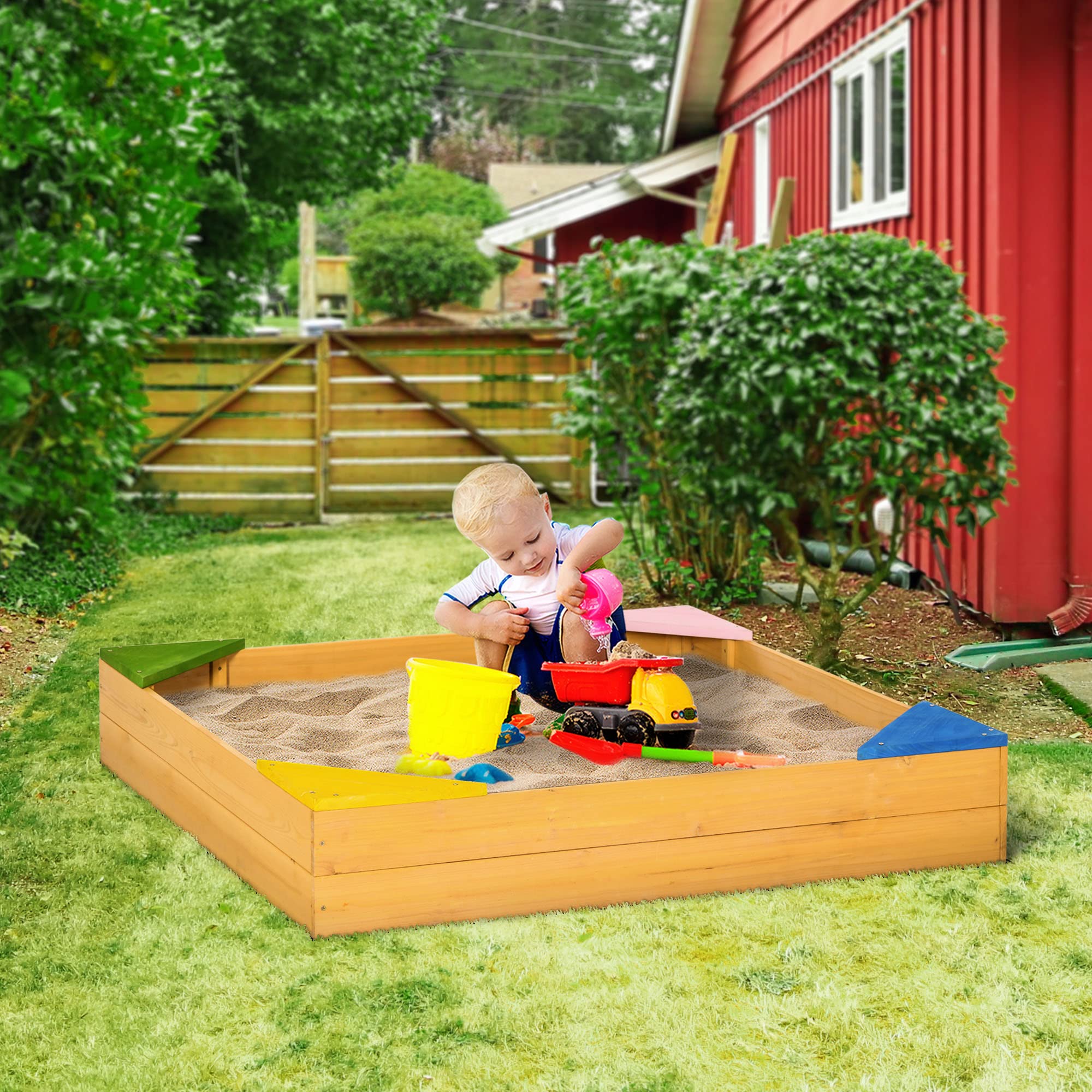 Outsunny Bac à Sable carré en Bois pour Enfants 109 x 109 x 19,8 cm | 4 sièges d'angle, film protecteur, bois naturel