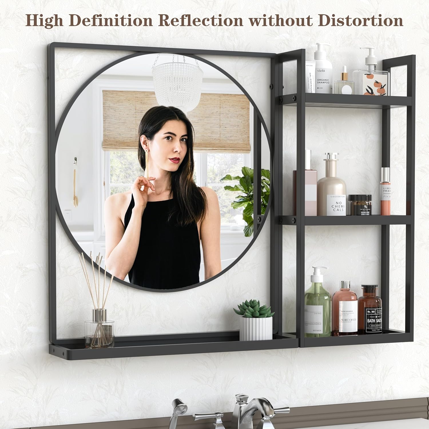Bathroom Mirror with Shelf 31 x 24.4 Inch Modern Rectangle Wall Mirror with Shelves for Bathroom, Black Metal Framed Bathroom Vanity Mirrors for Over Sink/Entrance