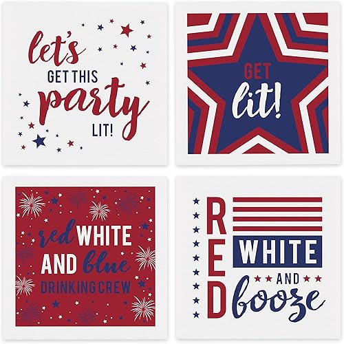 Servilletas patrióticas para fiesta, 48 servilletas de bebidas, 4 diseños estadounidenses del 4 de julio, 4 34 pulgadas x 4 34 pulgadas, juego de