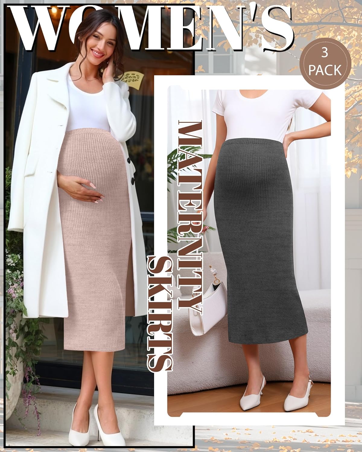 Neer 3 Pack Women's Maternity Skirts, Split Midi High Waist Ribbed Knit Solid Stretchy Pregnancy Pencil Long Skirt Clothes - Image 3