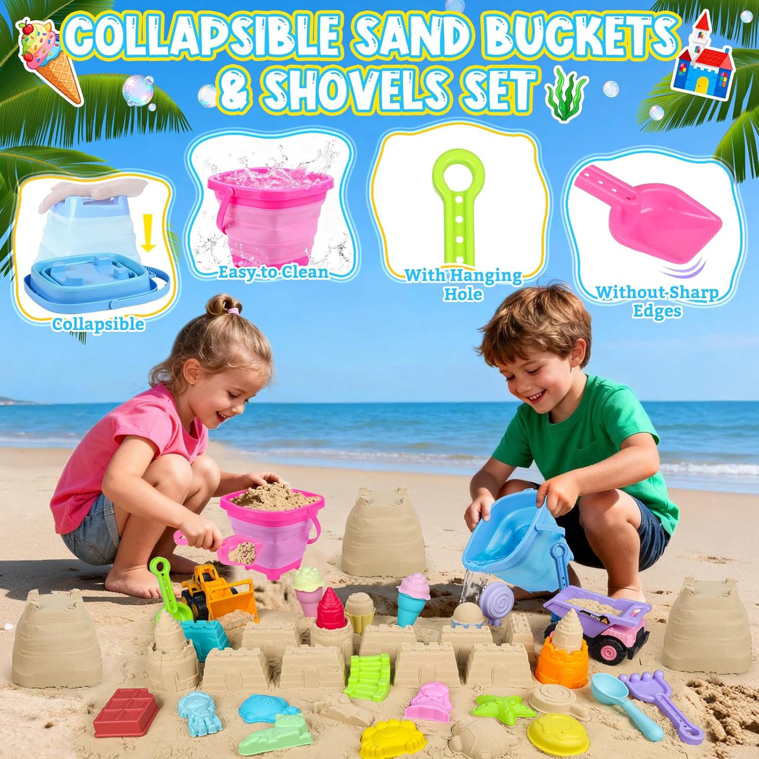 EULRGAUS Beach Toys, 36 PCS Sand Toys with Construction Vehicles, Collapsible Bucket, Princess & Prince and Ice Cream Toys, Sand Castle Building Kit, Beach Shovel, Beach Games for Kids, Boys and Girls