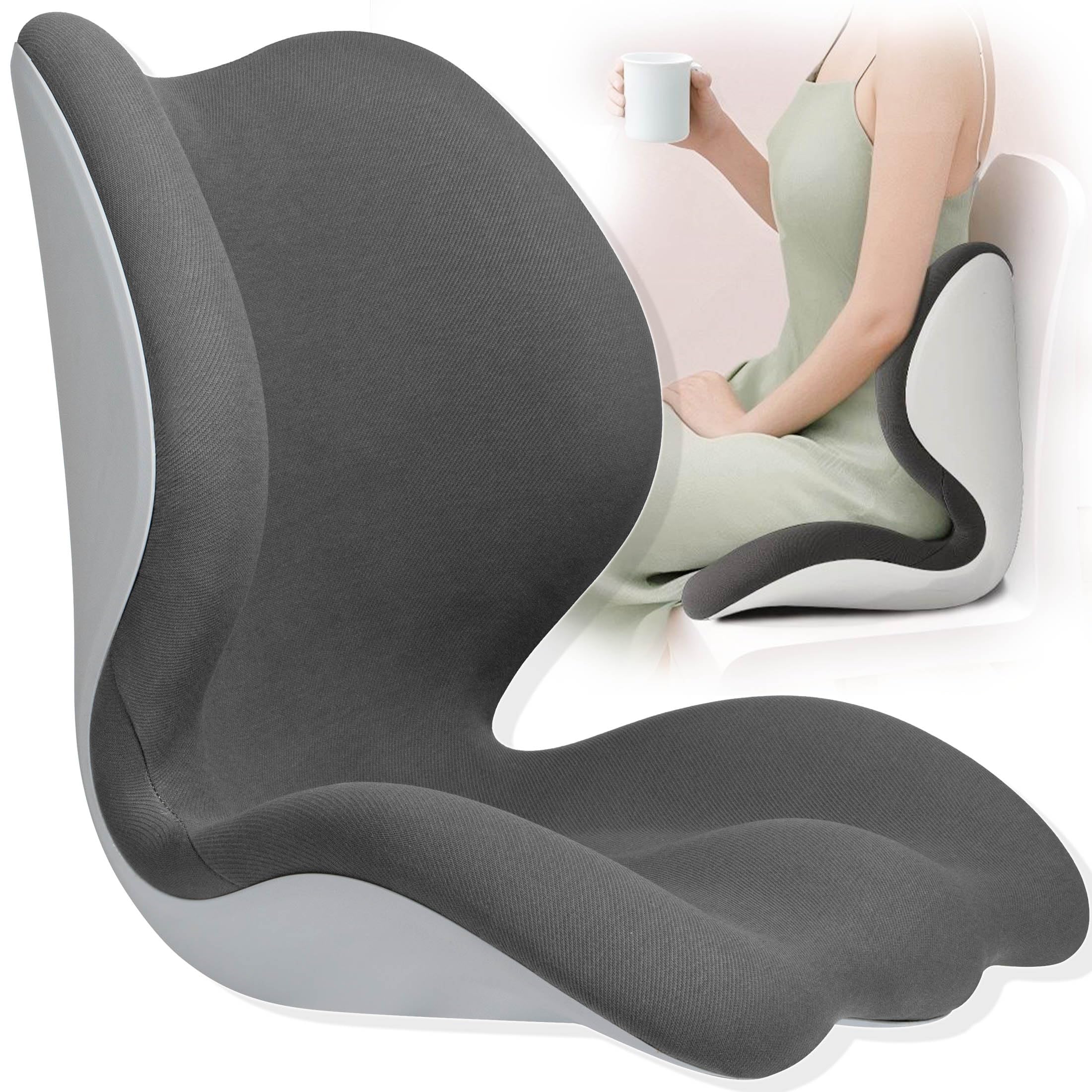 Ergonomic Posture Corrector Back Support Cushion, One Piece Memory Foam Lumbar Butt Pad Insert for Men Women Desk Work Office Chair Seat, Orthopedic Curve for Long Sitting Backrest, Charcoal Black