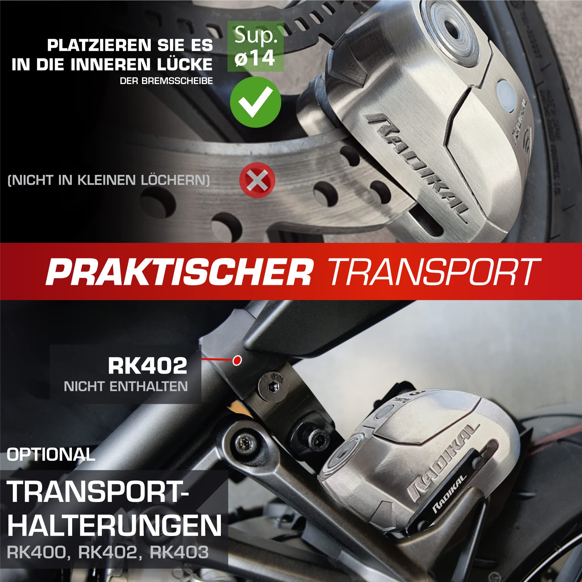RADIKAL RK14S Bremsscheibenschloss Premium mit Alarm | Aktivierung nach Wahl, 120 dB, LED Warnung Voralarm | Motorrad Schloss SRA-Zertifiziert, aus Edelstahl, Doppelverriegelung Ø14, INOX