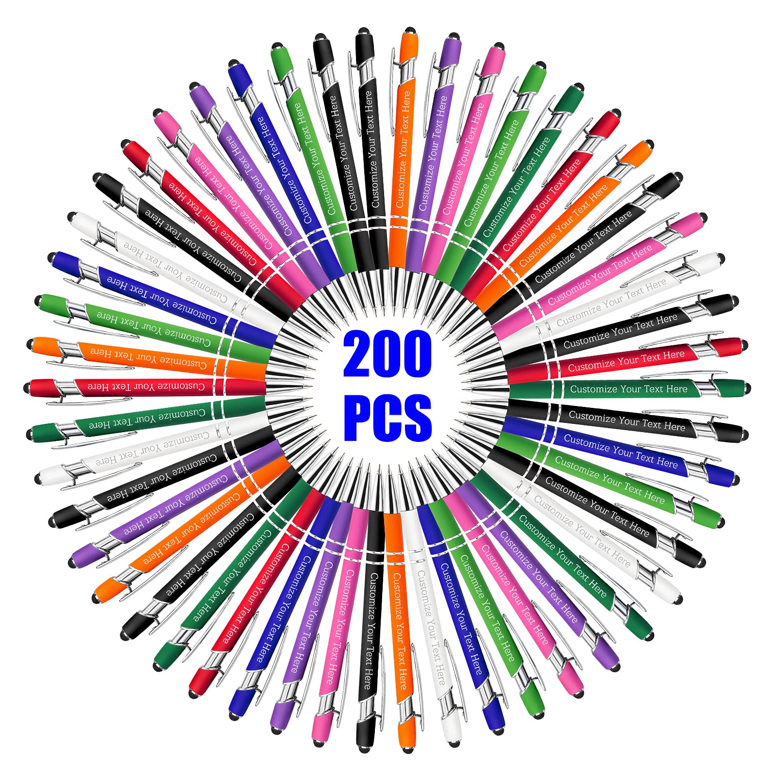 200 Pcs Personalised Custom Pens Bulk Free Engraving with Name Message Customised Ballpoint Pens with Stylus for Business Office Graduation Customised Gifts for Men Women Birthday Christmas (Assorted)