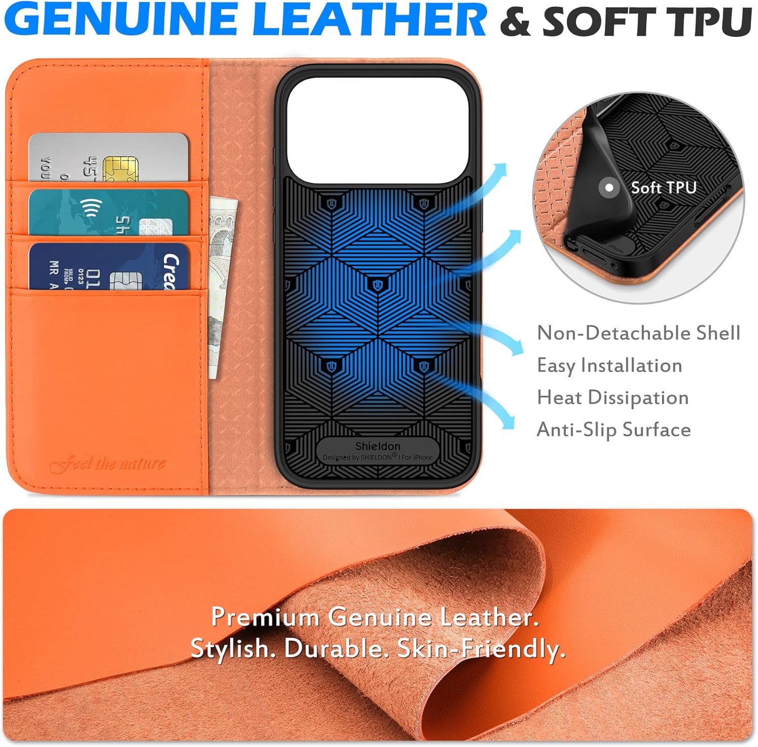 SHIELDON Real Leather Wallet Case for iPhone 17 Pro Max 6.9" 5G 2025 | Kickstand, RFID Blocking Credit Card Holder, Magnetic Closure, Folio, Shockproof Protective Phone Cover - Orange