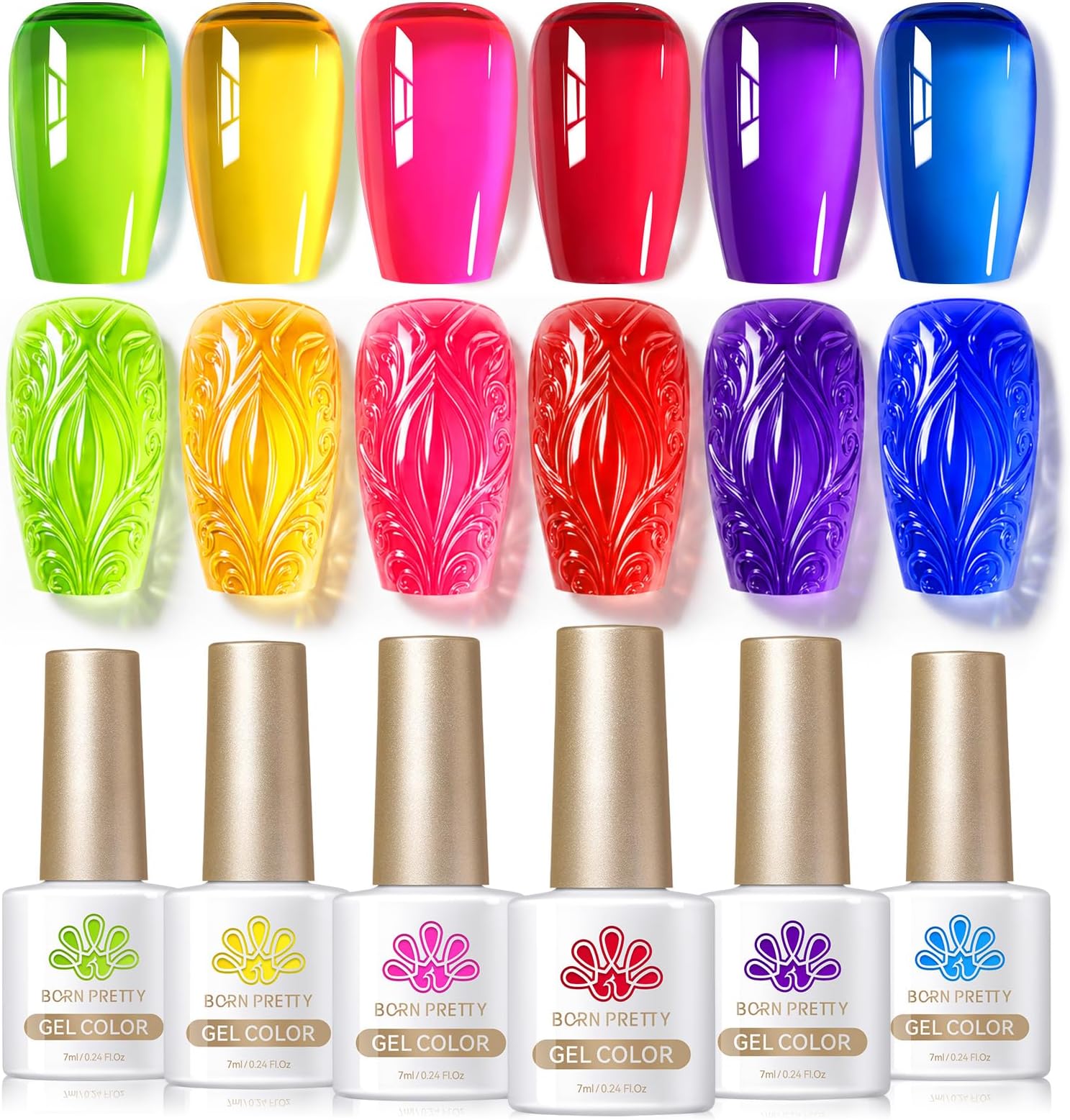 Neon Gel Nail Polish Spring Summer Jelly Gel Polish,Hot Pink Red Purple Blue Green Yellow 6Colors Translucent Effect,Soak Off U v LED Light Cure Nail Art Kit Salon Manicure and DIY at Home