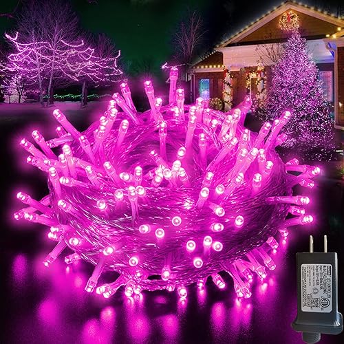 Guirnalda de luces rosas para decoración de Navidad al aire libre 66 pies 200 luces LED de Navidad conectables para interiores 8 modos alambre