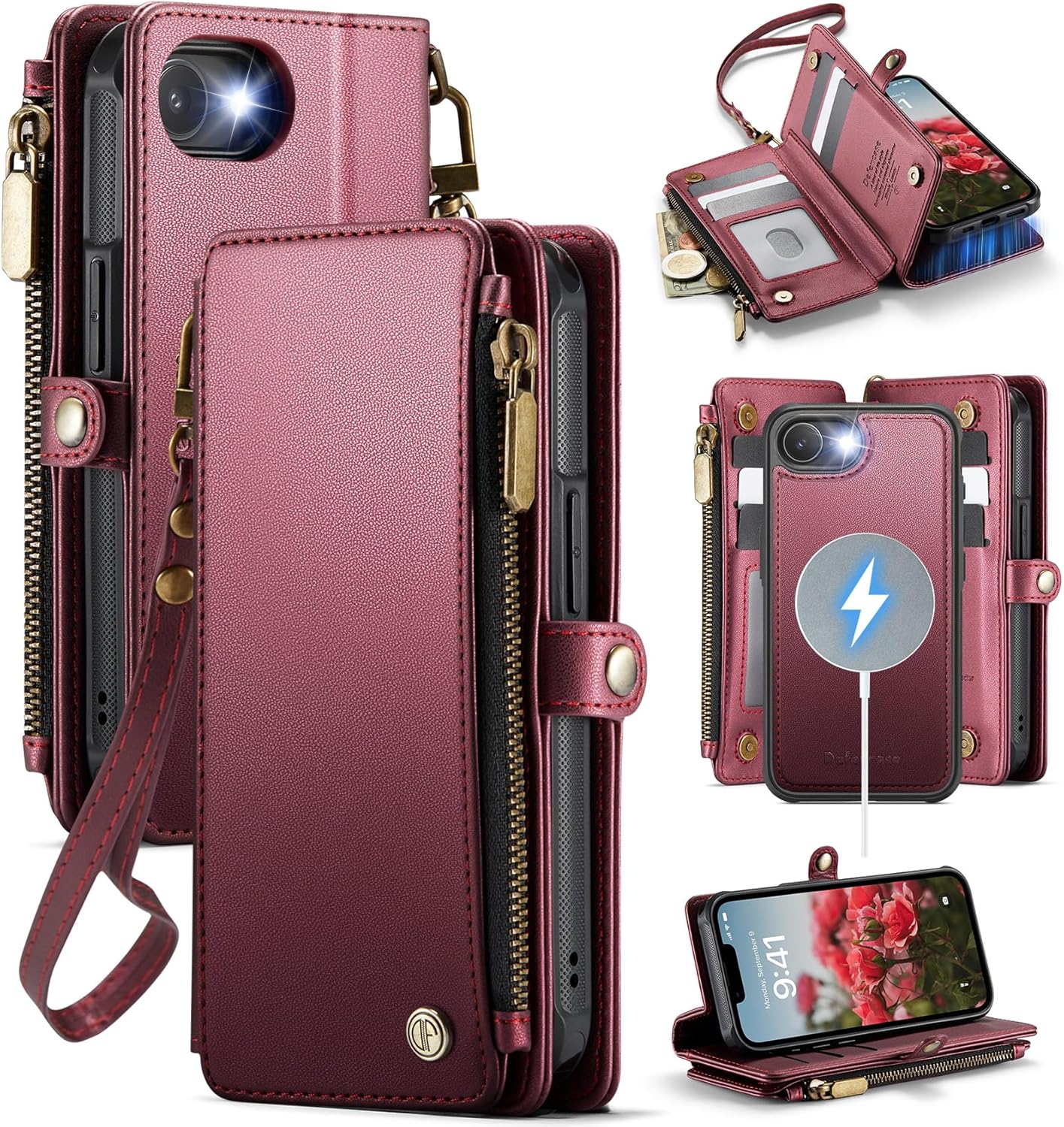 Defencase for iPhone 17E/ 16E Magnetic Wallet Case Compatible with Magsafe with RFID Blocking Zipper Pocket & Card Holder for Women Men, Leather Strap Detachable Case for iPhone 16e & 17e, Wine Red