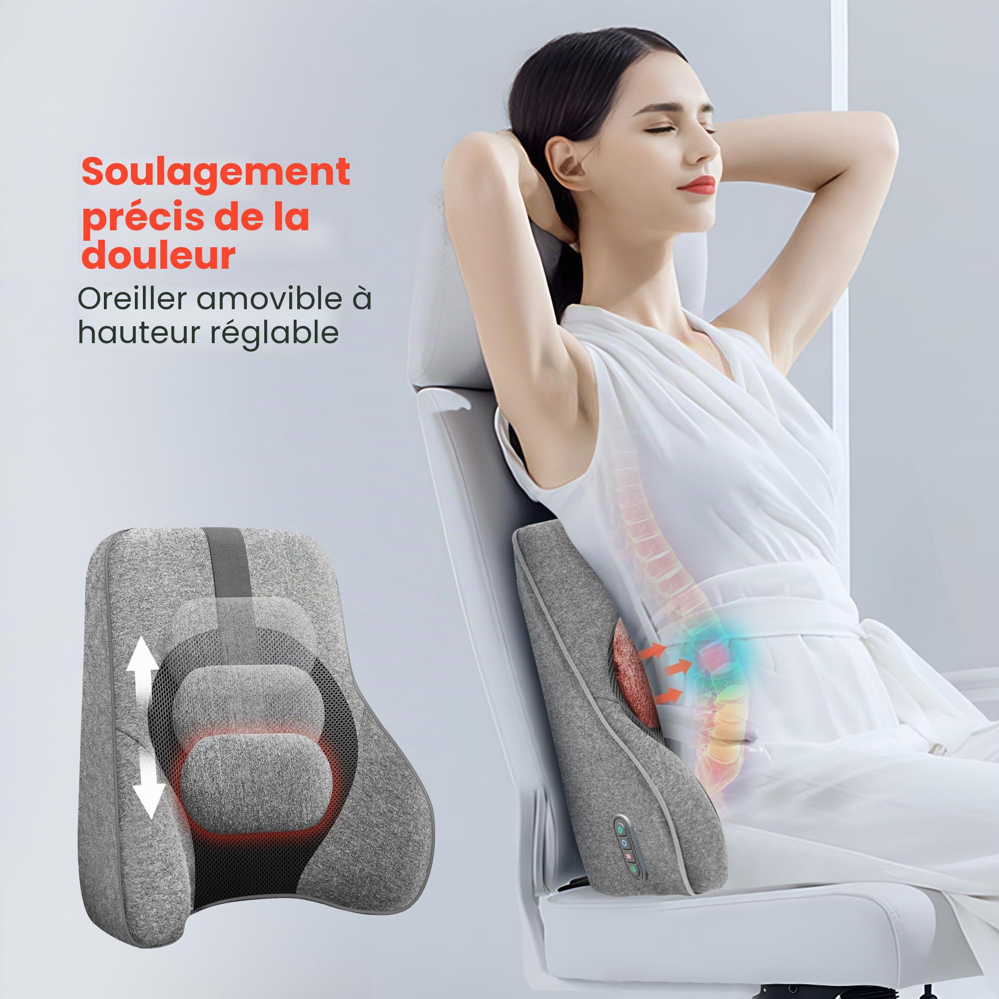 COMFIER Appareil de massage pour le dos, appareil de massage Shiatsu pour chaise de bureau, coussin de massage électrique pour soulager la douleur, à la maison ou au bureau, 2 niveaux de chauffage