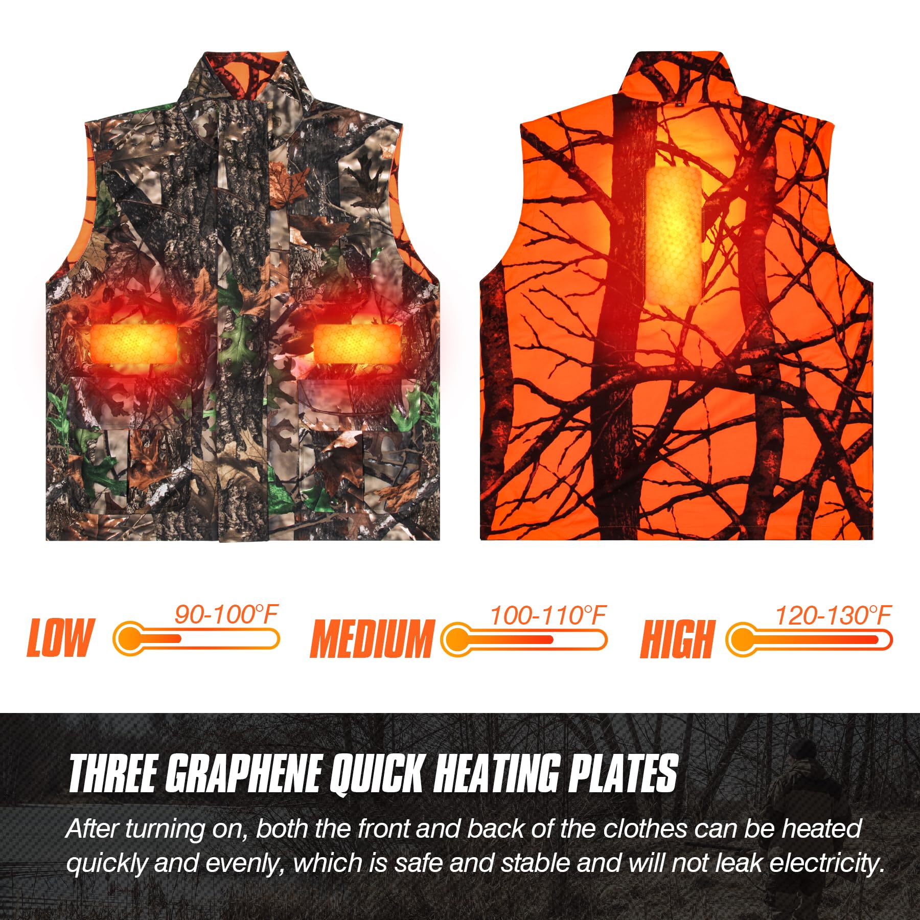 VicBre Gilet da caccia riscaldato da uomo, mimetico e arancione, reversibile, per escursionismo, sci, pesca, campeggio (M-4XL)