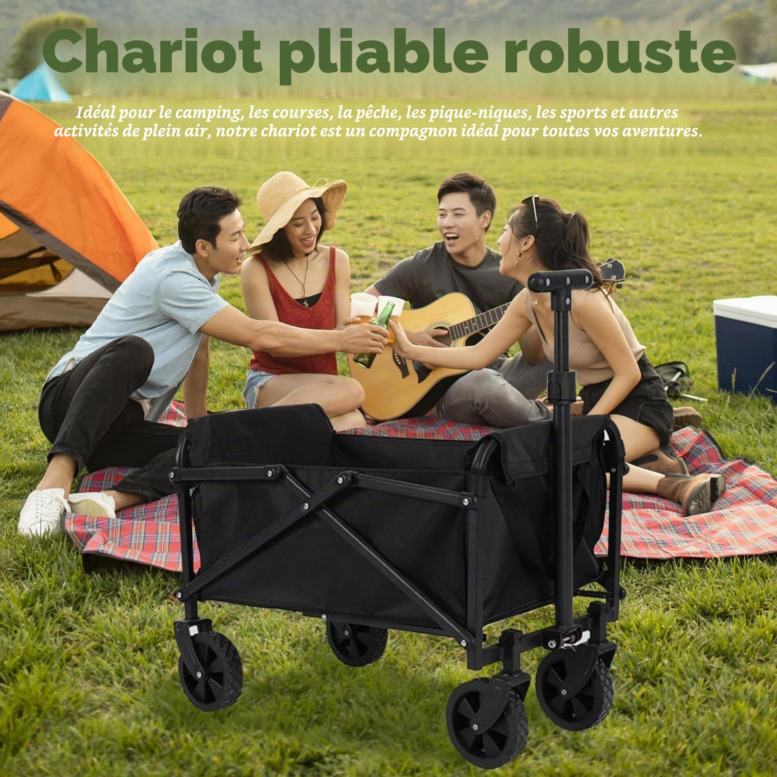 Chariot de Plage Pliable de 100L- Petit Chariot de Transport avec Roues | Chariot Pliable Avec Freins, pour la Plage, le Sport, l'Extérieur, le Jardin, le Pique-nique, le Shopping et la Pêche