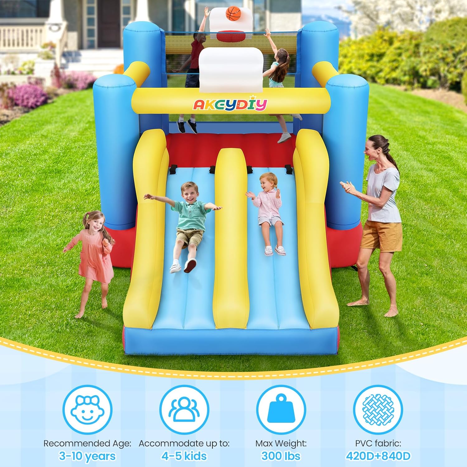 Bounce House, Inflatable Bounce House for Kids 3-12, Bouncy House with 2 Slides for Outdoor Backyard/Indoor, Bouncy Castle, Jump House for Toddlers Kids Party
