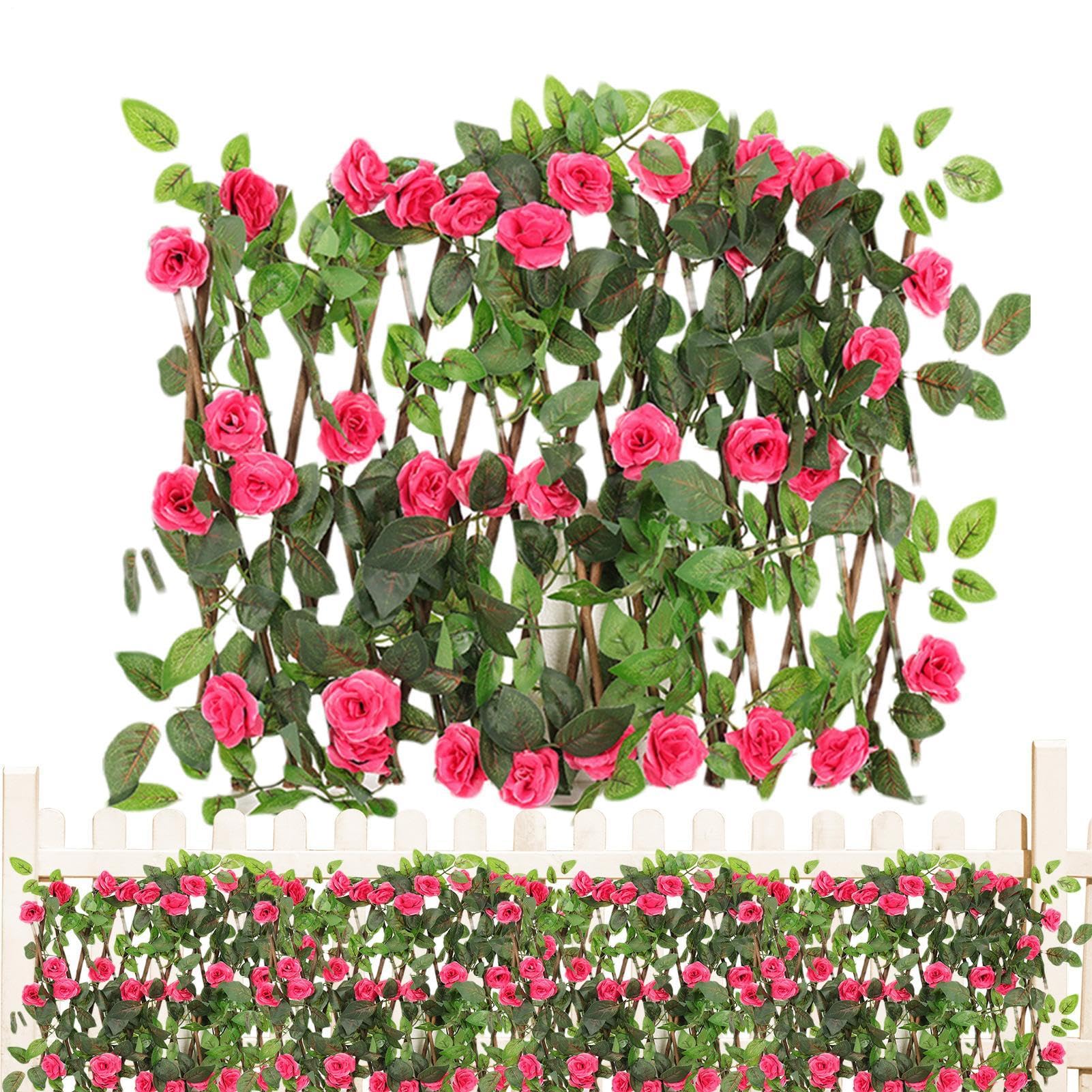 Artificial Leaves Fence,Rose Fence Privacy Screen,Artificial Leaf Trellis Panel,Expanding Fake Trellis,Flower Hedge Garden Privacy Screening,for Garden Balcony, Outdoor Wall Decoration,Backyard