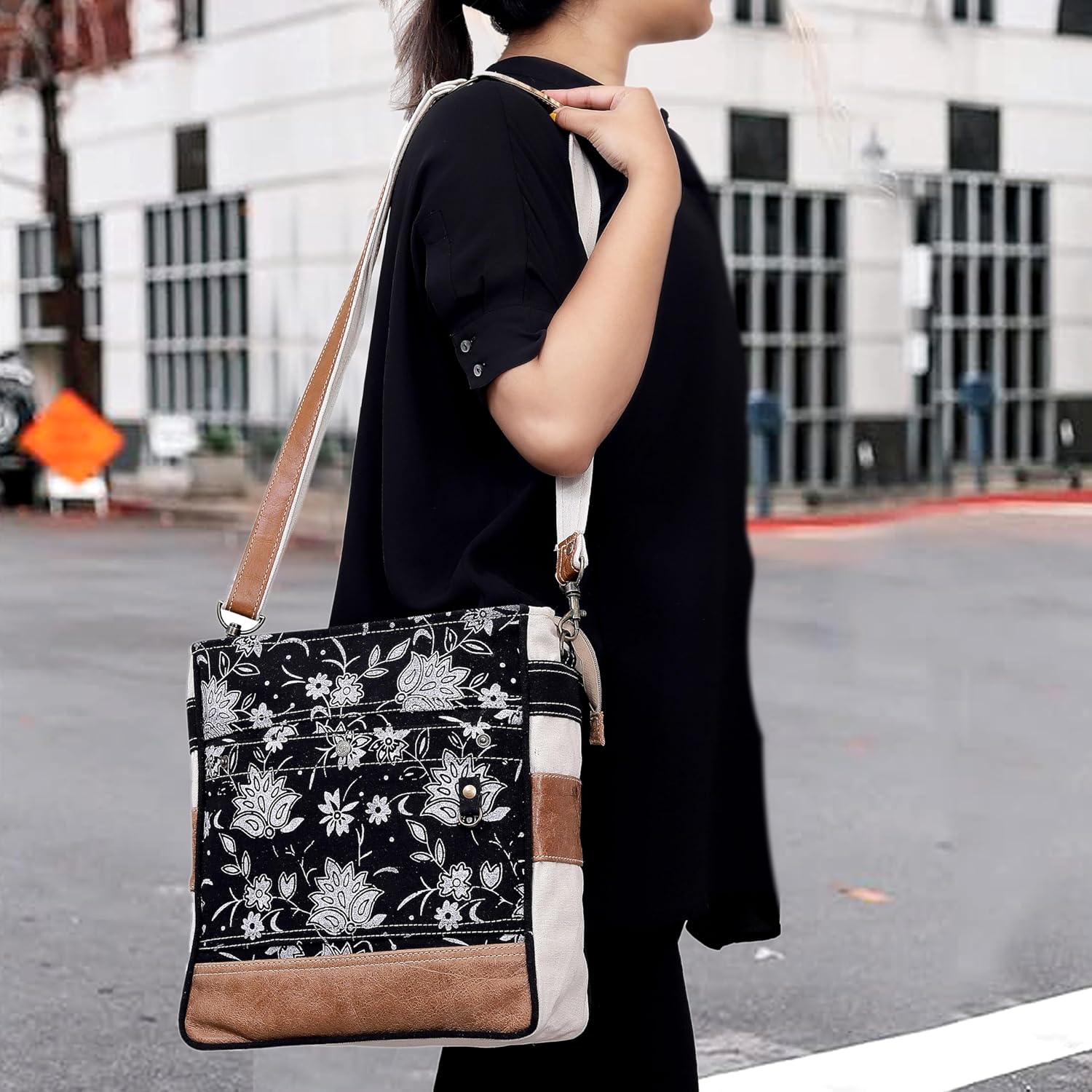 CLA Bags SEL de MER Upcycled Off-White Blossom Print Canvas & Leather Shoulder Bag, Canvas Crossbody Bags for Women (Black) - Image 2