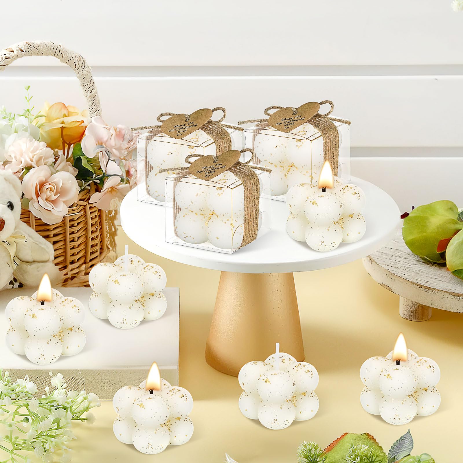 Set di 30 candele profumate a bolle con biglietti e fiori secchi – Mini piccole candele fai da te per matrimonio, battesimo, baby shower, compleanno, addio al nubilato, scatole regalo con biglietto di