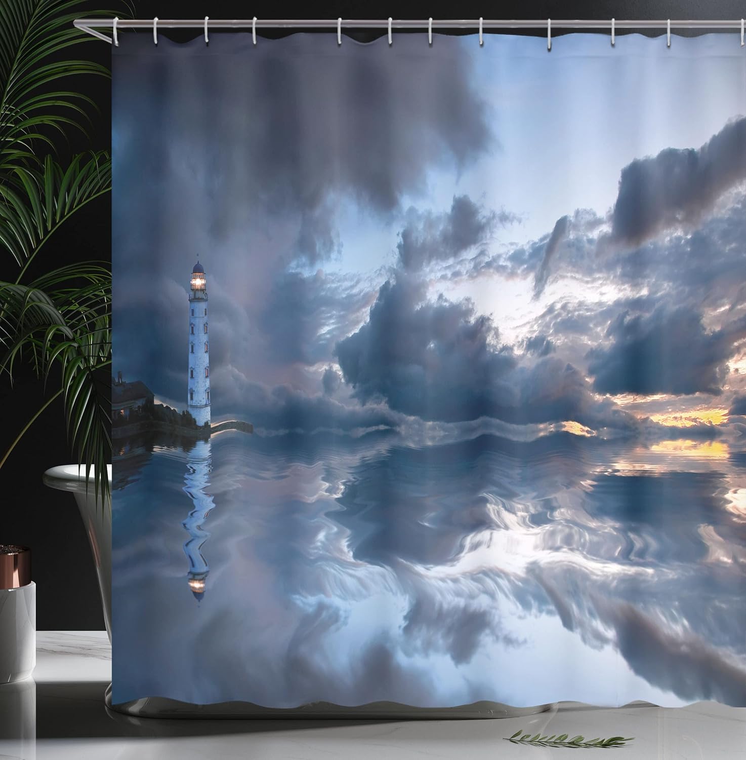 Ambesonne Lighthouse Shower Curtain, Lighthouse Sailing Dark Clouds Reflection on Atlantic Ccean Rainy Weather Shadow, Cloth Fabric Bathroom Decor Set with Hooks, 69" W x 70" L, Blue Grey
