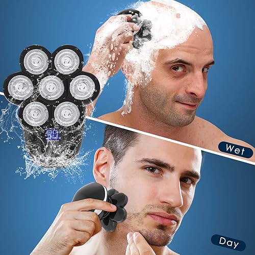 Miniatura 9 de Lighwode - Afeitadoras de cabeza para hombres calvos, impermeable, 7D, para mojadoseco, anti-pellizco, kit de aseo eléctrico LED inalámbrico 5 en 1,