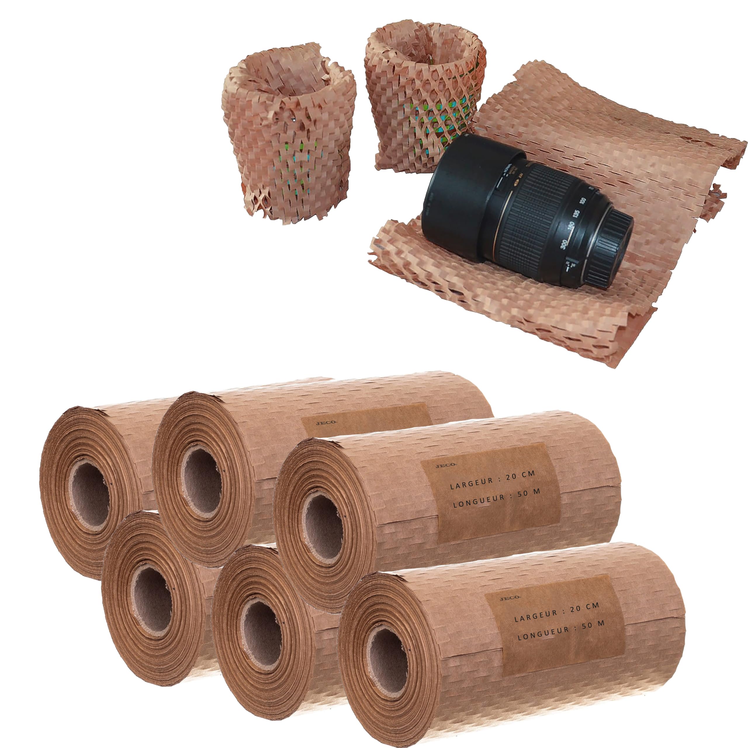 Jeco - Lot de 6 rouleaux de papier kraft en nid d’abeille 20cm x 50m Emballage écologique pour protection, rembourrage, emballage cadeaux, déménagement, remplace le film bulles