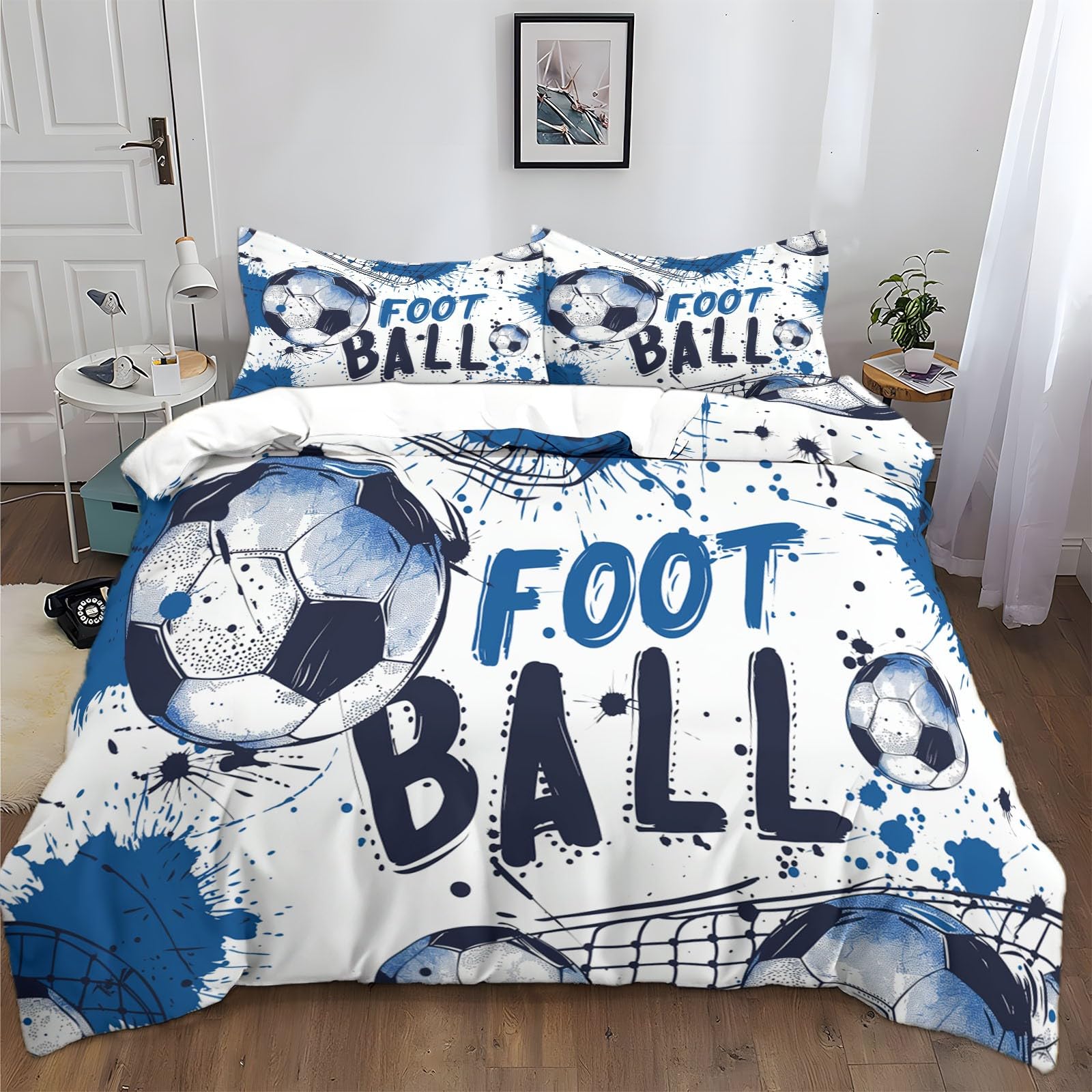 XCQHZYQ Funda Nordica Poliéster Algodón para Cama 105/135 Tema De Fútbol ​​Azul 3 Piezas Juvenil Juego de Funda Nordica 200x200 cm Suave Transpirable y 2 Fundas de Almohada de 50x75 cm