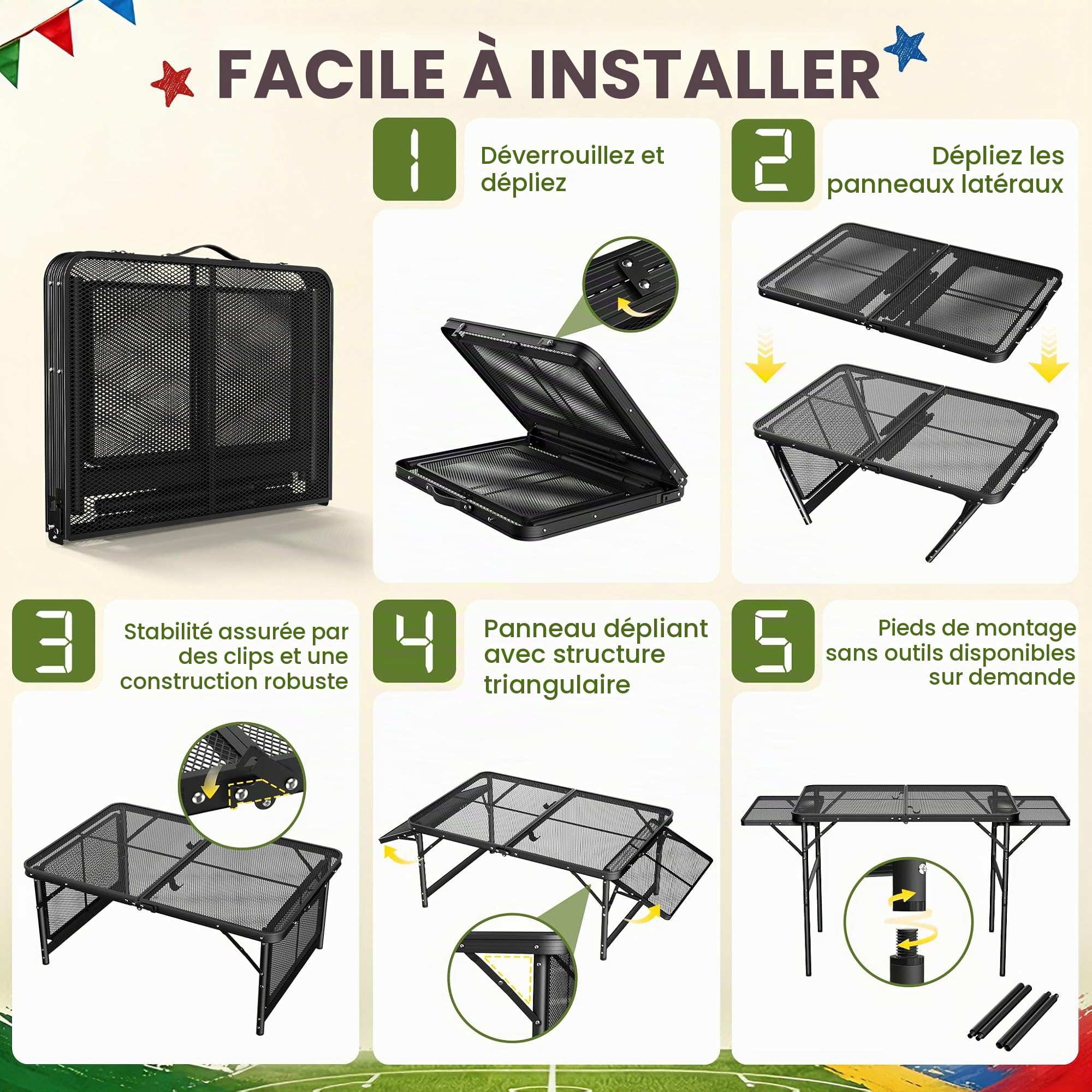 Tables de camping pliantes avec plateau en treillis métallique, étagère pliable et poignée, 2 hauteurs réglables, table d'appoint en métal, table de jardin jusqu'à 30 kg, table pliante