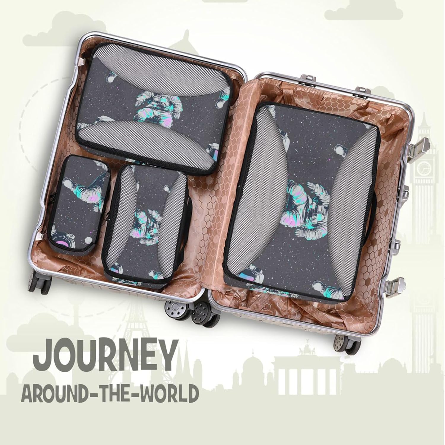 Fluorescent Purple Green Astronaut 4 Pcs set organizer travel case Mesh Travel Essentials lightweight cubes for packing