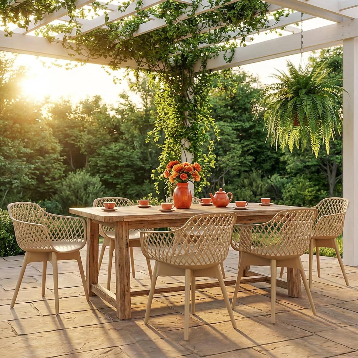 Aoodor Modern Dining Chairs Set of 2, Weather-Resistant Plastic Cafe Chairs with Ergonomic Back and Non-Slip Pad, Suitable for Patio, Restaurant, Yard, Porch, Balcony, Khaki