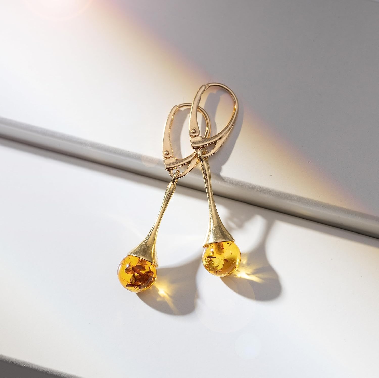 Ball Bead Earrings for Women – Gold-Plated 925 Sterling Silver Drop Earrings with Natural Baltic Amber, Lightweight Dangle Jewelry Gift for Everyday Elegance - Image 9