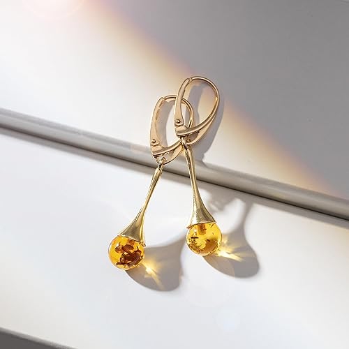 Vista 9 de Aretes de ámbar para mujer - Cuenta de bola con plata esterlina ag925 chapada en oro, cierre seguro con cierre de palanca en la parte trasera
