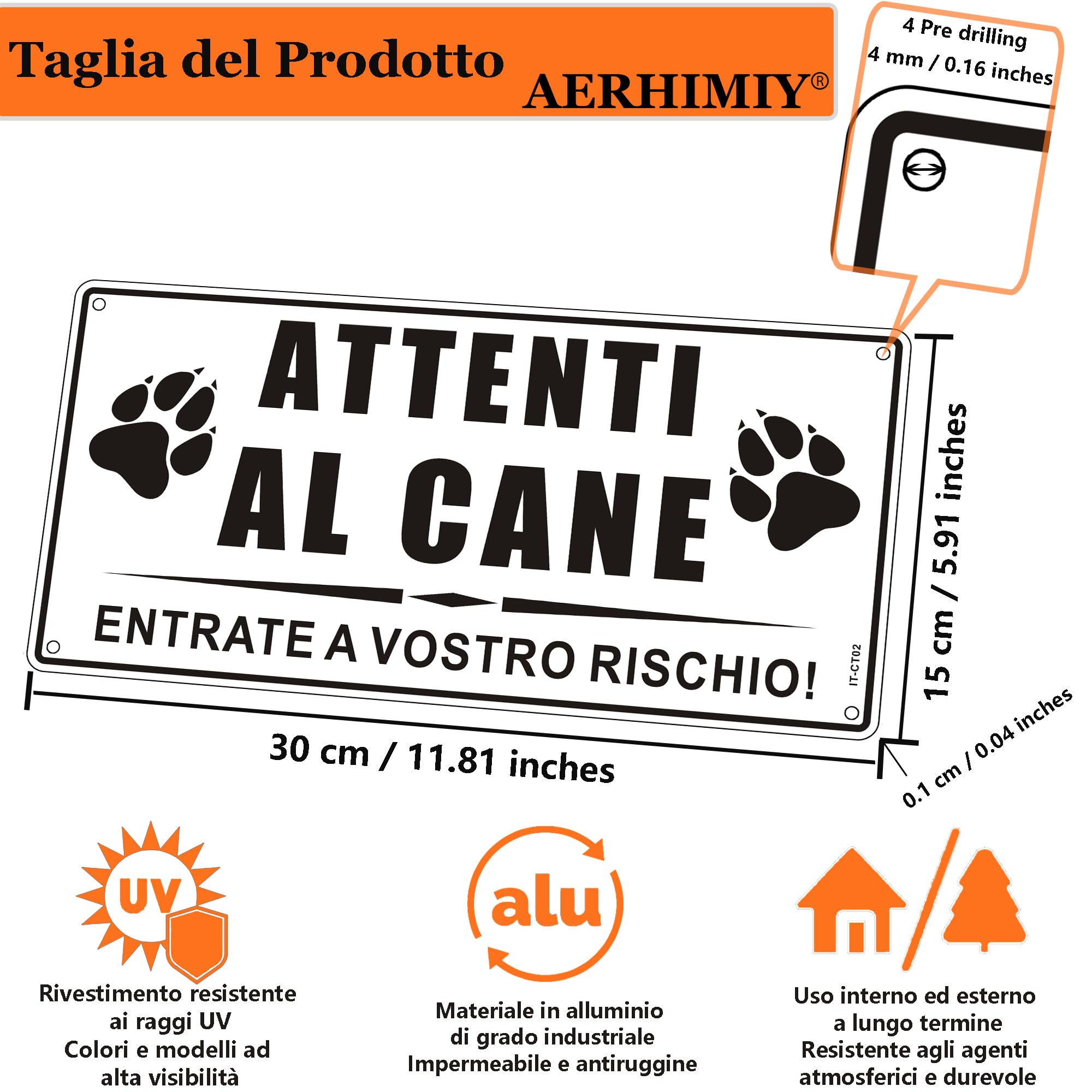 Cartello Attenti Al Cane Alluminio Riflettente 15x30cm, Attenti al Cane Metallo, Protezione UV, Impermeabile, Con Fori, Bianco