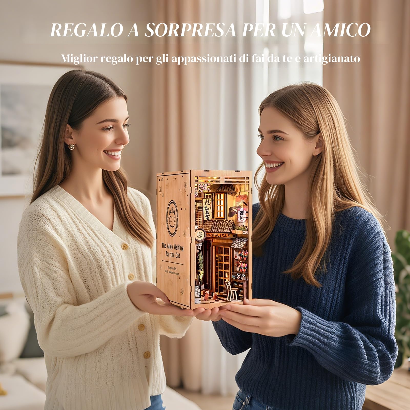 Book Nook Kit,Il vicolo in attesa del gatto in stile giapponese, puzzle in legno 3D fai da te con LED, set fai da te per adulti, Idea Regalo Creativa,decorazione per libreria