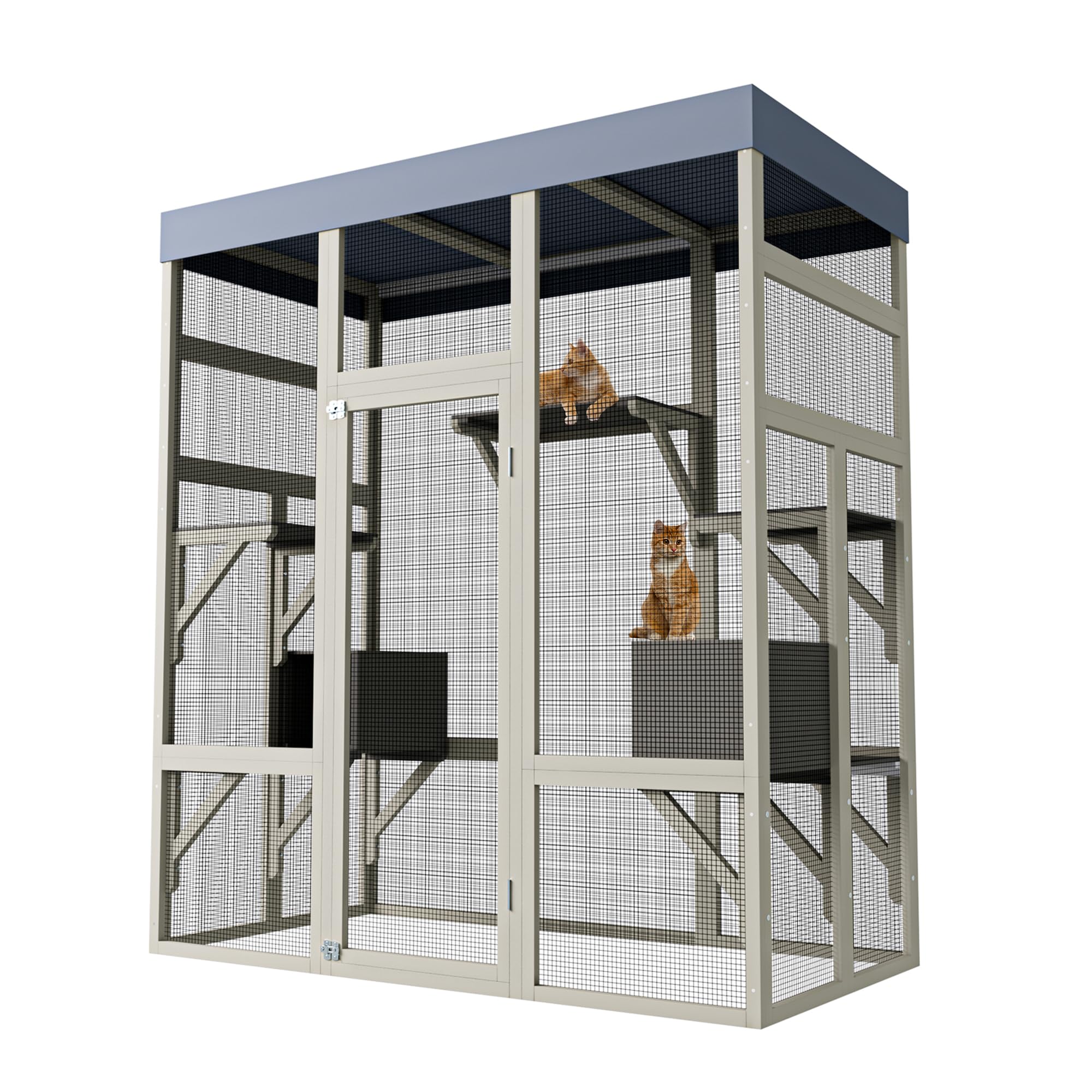 Garvee Enclos extérieur pour Chats en Bois Sécurisé Toit étanche Anti-UV 5 Plateformes 2 niches Jusqu'à 6 Chats Gris 159×82×178 cm