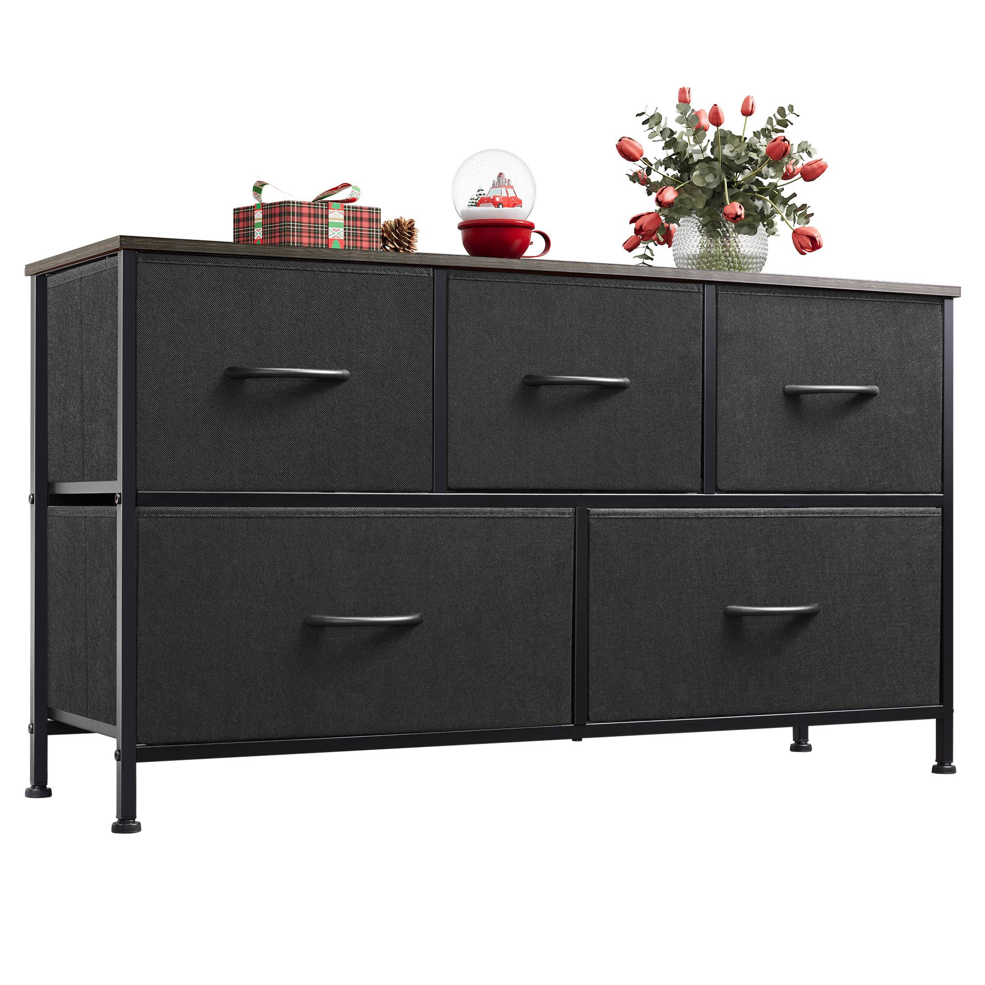 WLIVE Dresser for Bedroom with 5 Drawers, Wide Chest of Drawers, Fabric Dresser, Storage Organizer Unit with Fabric Bins for Closet, Living Room, Hallway, Charcoal Black