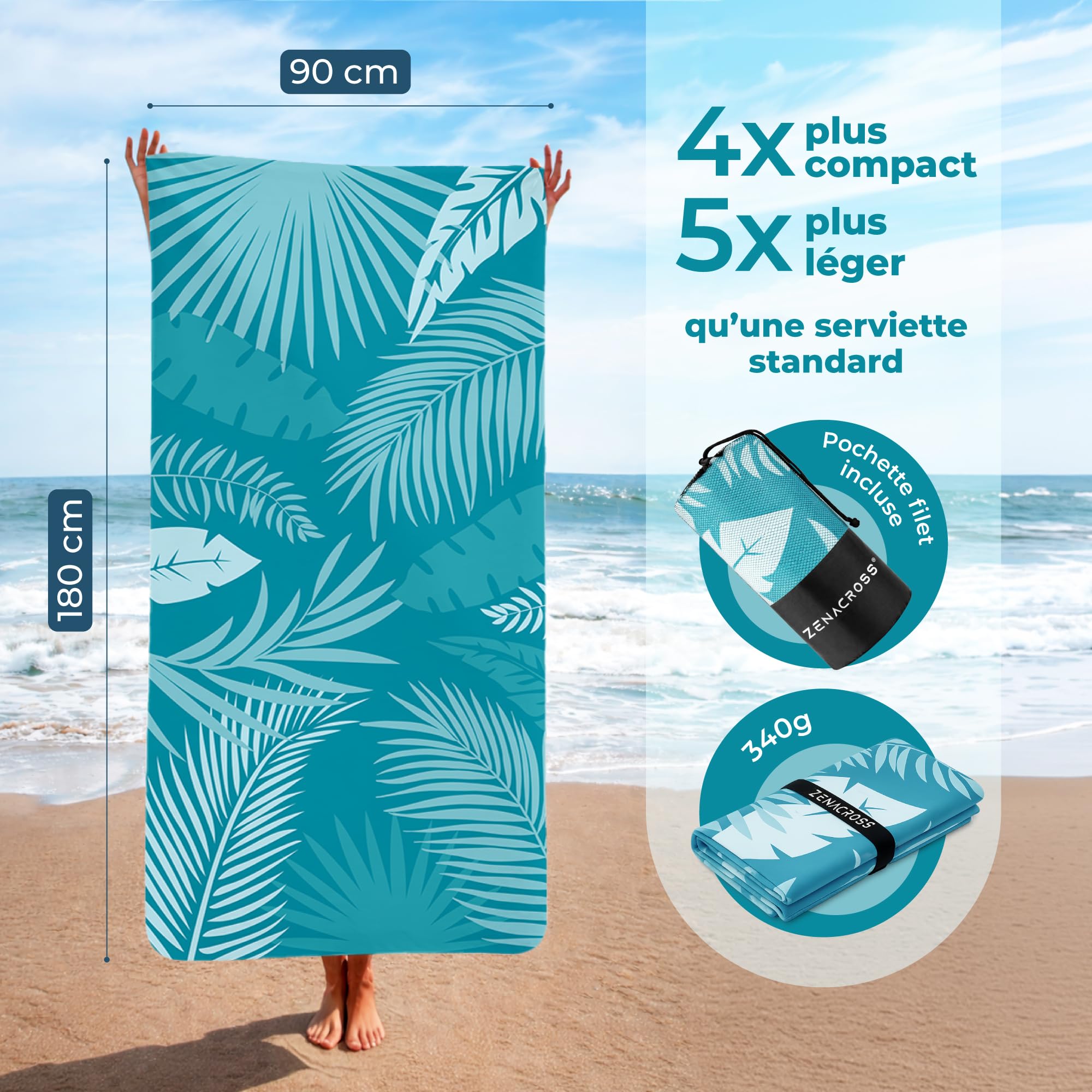 Bora Serviette de Plage 90x180 cm Microfibre Anti-Sable Séchage Rapide