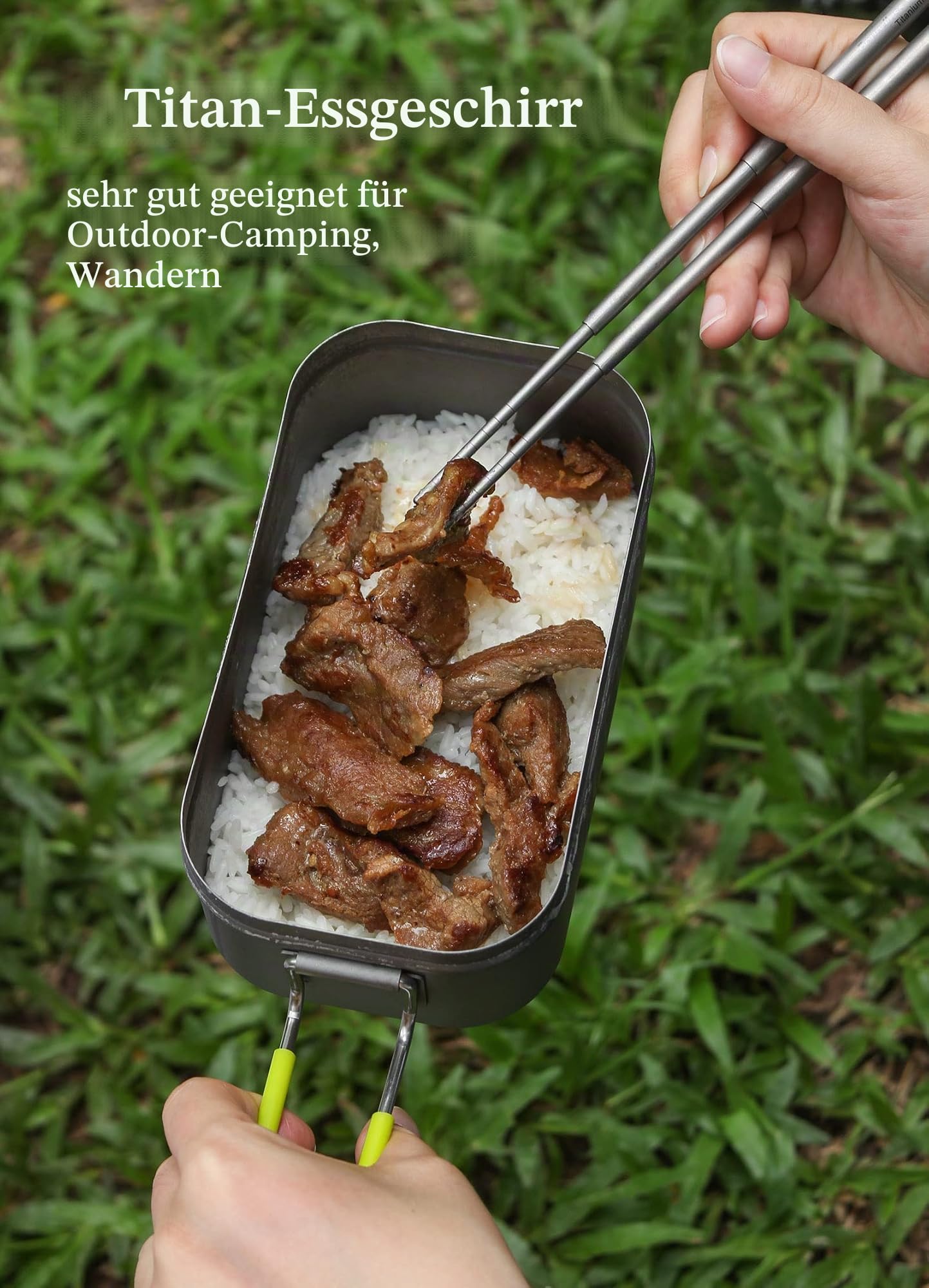 iBasingo 600ml Titan Mess Tin Outdoor Lunch Boxen Camping Pfanne Quadratische Messdose Schüssel Single Layer Bento Tragbares Leichtes Geschirr mit Erbrühungsschutzgriff Mini Dämpfgestell Ti2081C