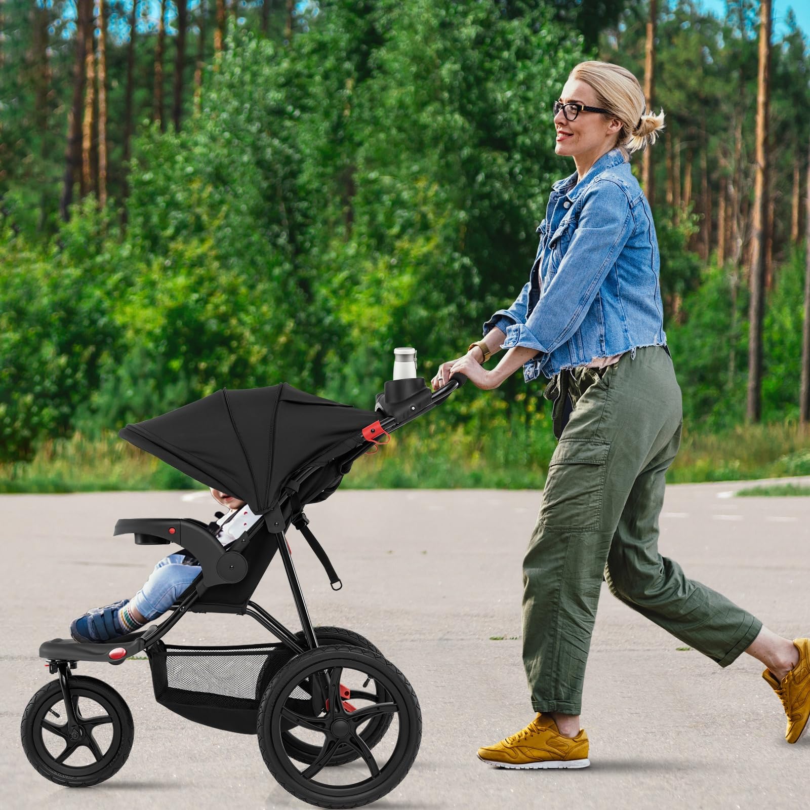 LIFEZEAL Kinderwagen klappbar, Kinderbuggy mit 3 Rädern, verstellbarem Sonnenschutz & 5-Punkt-Gurt, Buggy mit abnehmbarem Tablett & Getränkehalter, bis 22 kg, Schwarz
