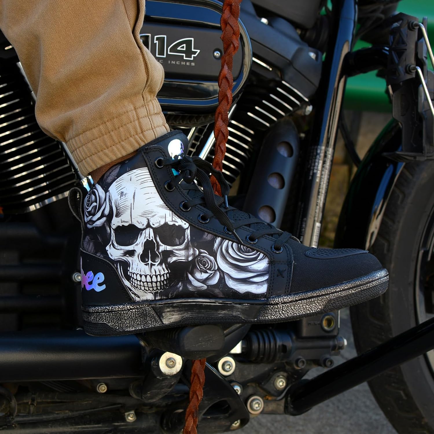 Retro Skull & Rose Motorcycle Riding Shoes for Men Women, Casual Daily Wear Motocross Sneakers with Side Zipper, Ankle Support & Anti-Slip Protective Footwear