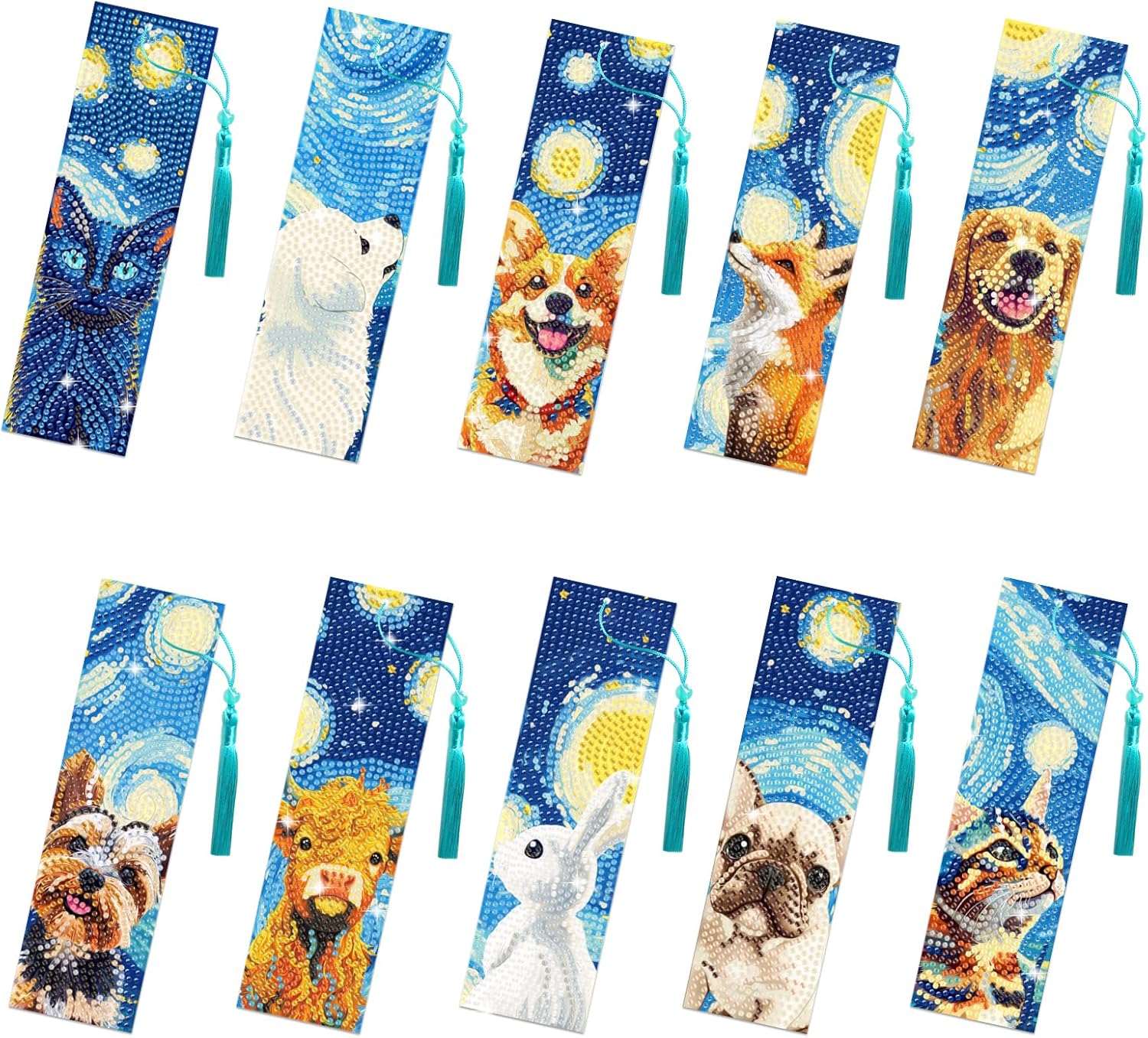 10Pcs Animals and Starry Sky 5D Diamond Art Bookmarks Cute Diamond DIY Painting Bookmarks Rhinestones Beaded Tassel Acrylic Bookmark for Adult Beginner Crafts