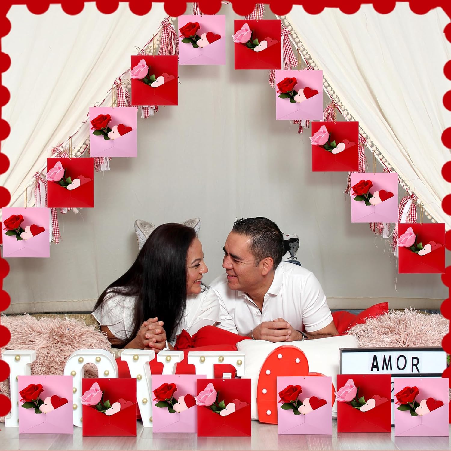 Epakh 30 Pack Valentine's Day Flower Envelope Box Hanging Decor with Roses and 60 Pcs Heart Shaped Cards Love Letter Flower Garland for Wedding Engagement Valentines Day Birthday Party Decoration