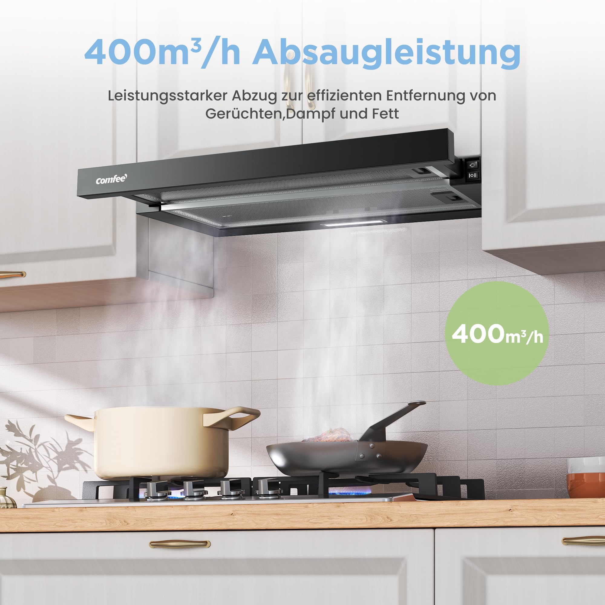 COMFEE ' CHL03M21B płaski okap kuchenny 60 cm obiegu, strumień powietrza 400 m³/h, okap kuchenny, do zabudowy, płaski, wyciągowy, czarny