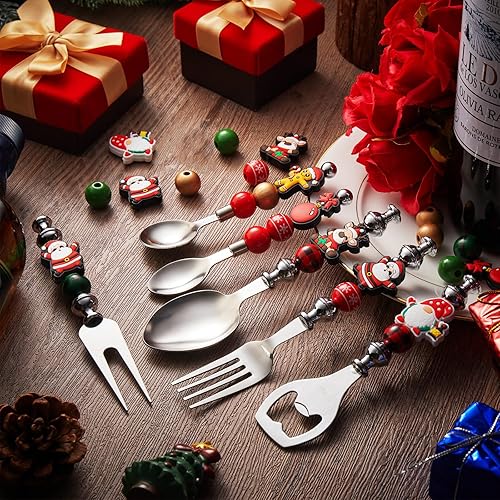 Miniatura 5 de Gisafai Juego de 12 juegos de cuchara de Navidad con cuentas, tenedor, artículos de cocina, cubiertos de Navidad, cuchara de postre para suministros