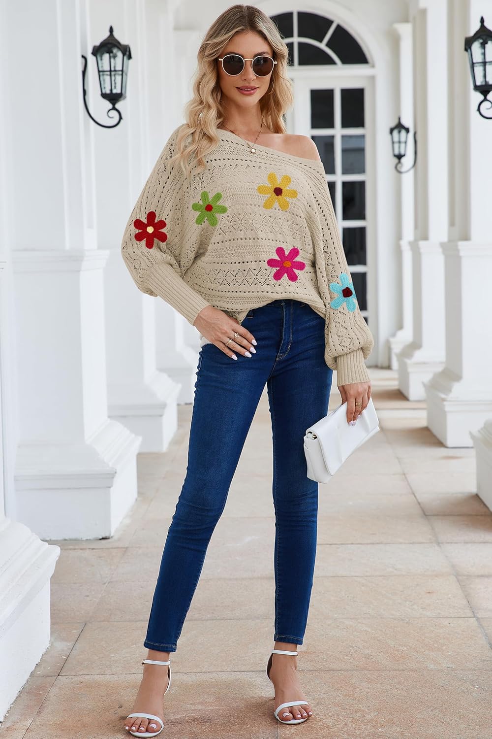 Cakulo Womens Off Shoulder Sweater Top Fall Outfits Fashion 2025 Oversized Knit Batwing Long Sleeve Crochet Pullover Sweaters - Image 9